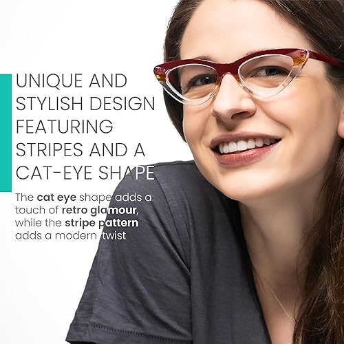 Miniatura 3 de 2SeeLife Gafas de lectura con diseño de ojo de gato de rayas rojas para que las mujeres se vean elegantes, a la moda con alta visión -