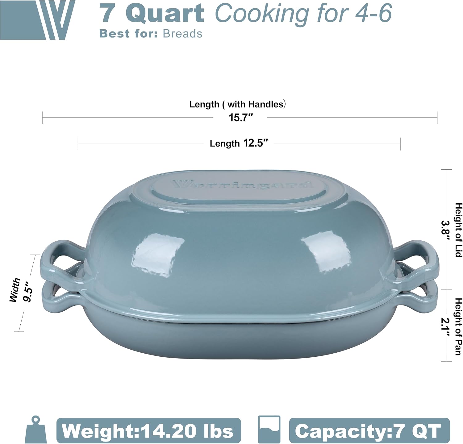 enameled cast iron sourdough bread oven, dutch oven, loaf cast iron bread pan for homemade bread baking, meatloaf pan with lid, 7qt, sea salt 7 qt sea salt