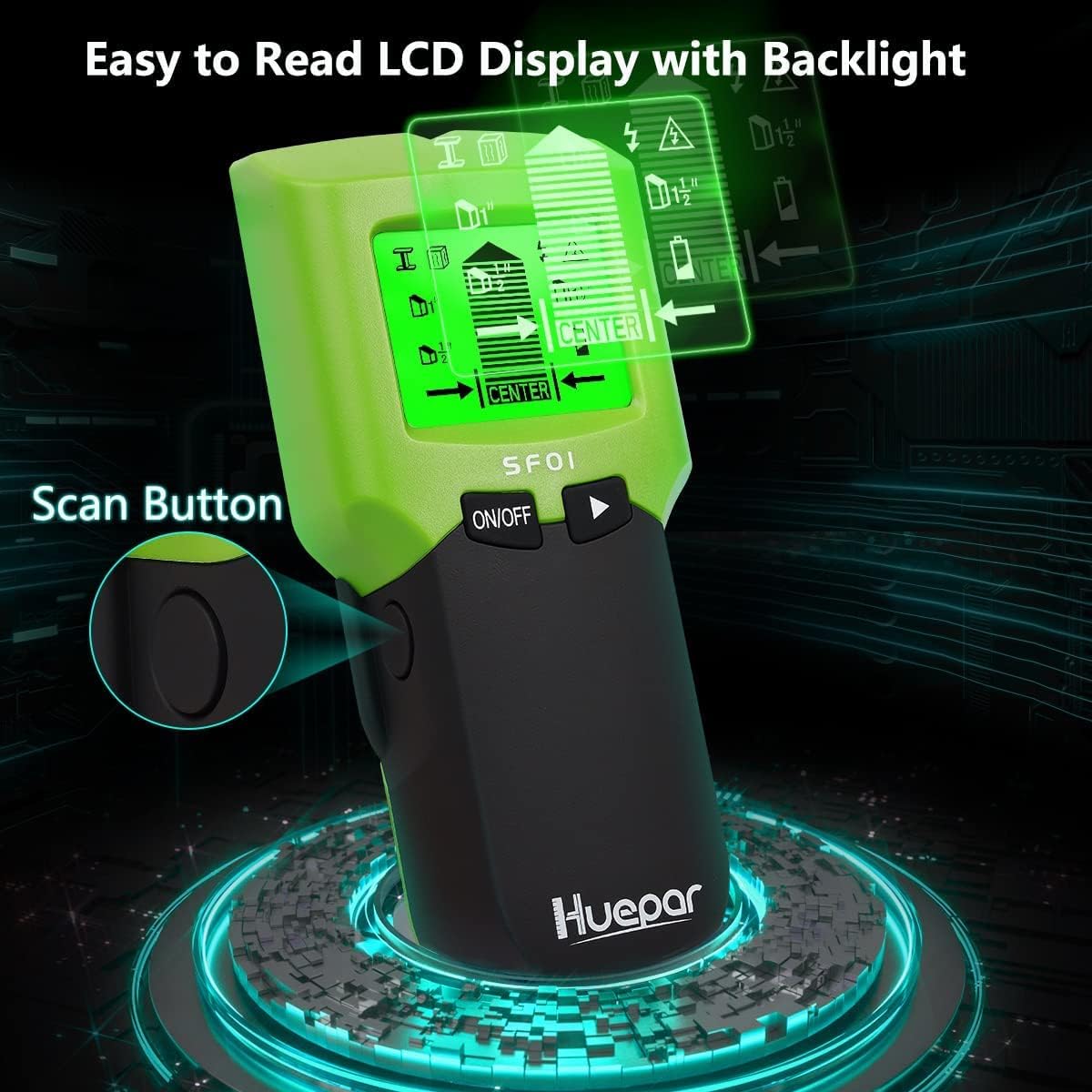 Close-up of the Huepar wall scanner's easy-to-read LCD display with backlight, showing detection indicators.