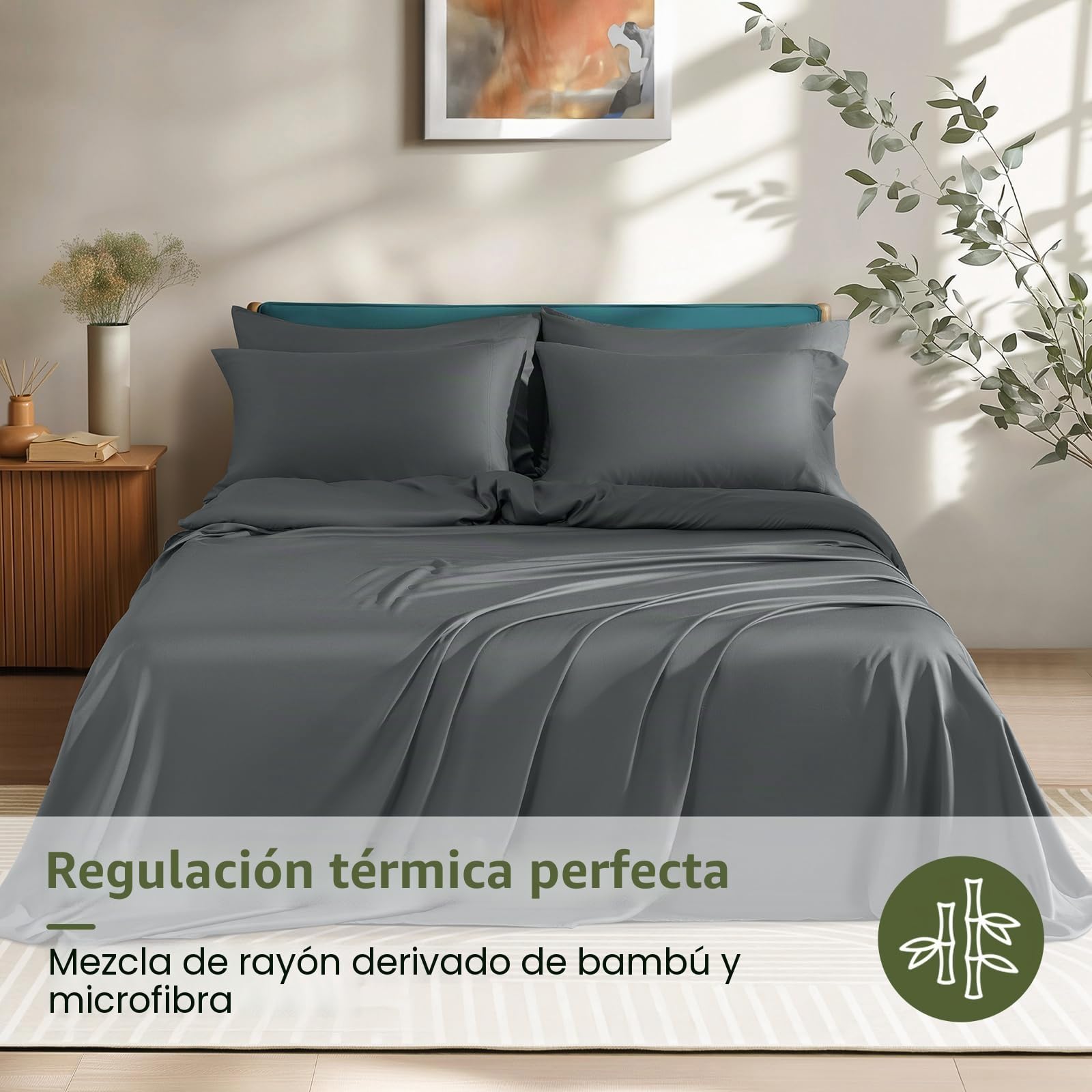 Shilucheng Juego de sábanas de 6 Piezas, rayón derivado de bambú, sábanas refrescantes y Transpirables, sábanas sedosas y Fundas de Almohada, Bolsillos de 16 Pulgadas de Profundidad (Queen, Gris