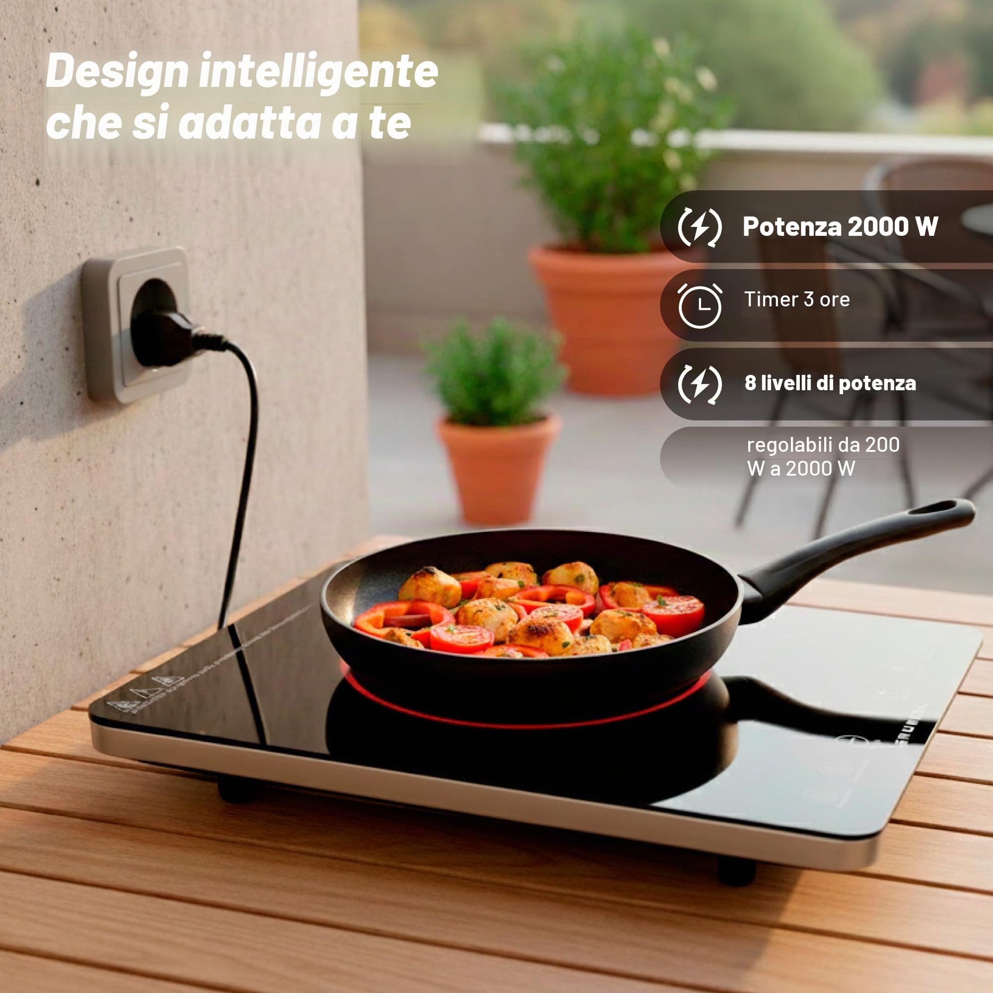 GRUNKEL IFR-2000 e 2000 W, 8 livelli, 29 x 37 cm, controllo touch, timer. Facile da pulire con superficie in vetro.