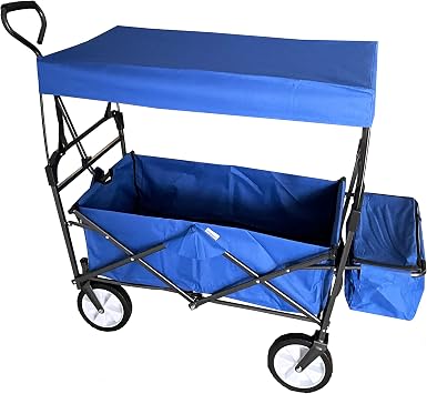 Metal Frame 150 Lbs Capacity Folding Wagon, Heavy Duty Utility Wagon with 2 Mesh Cup Holders , Universal Wheels and Adjustable Handle for Garden Outdoor Shopping Beach, Blue Blue