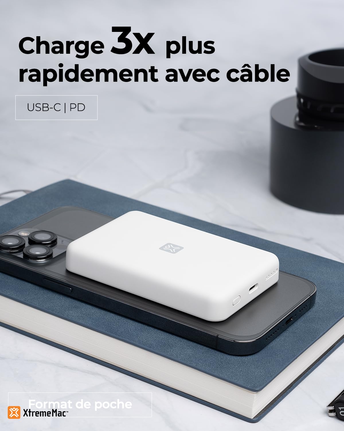 XtremeMac Magsafe Powerbank 5000mAh, Batterie Externe magnétique pour iPhone 15/14/13/12 Série, USB-C et Powerbank sans Fil à Charge Rapide, Mini Power Bank PD 15W, Puissante, Blanc