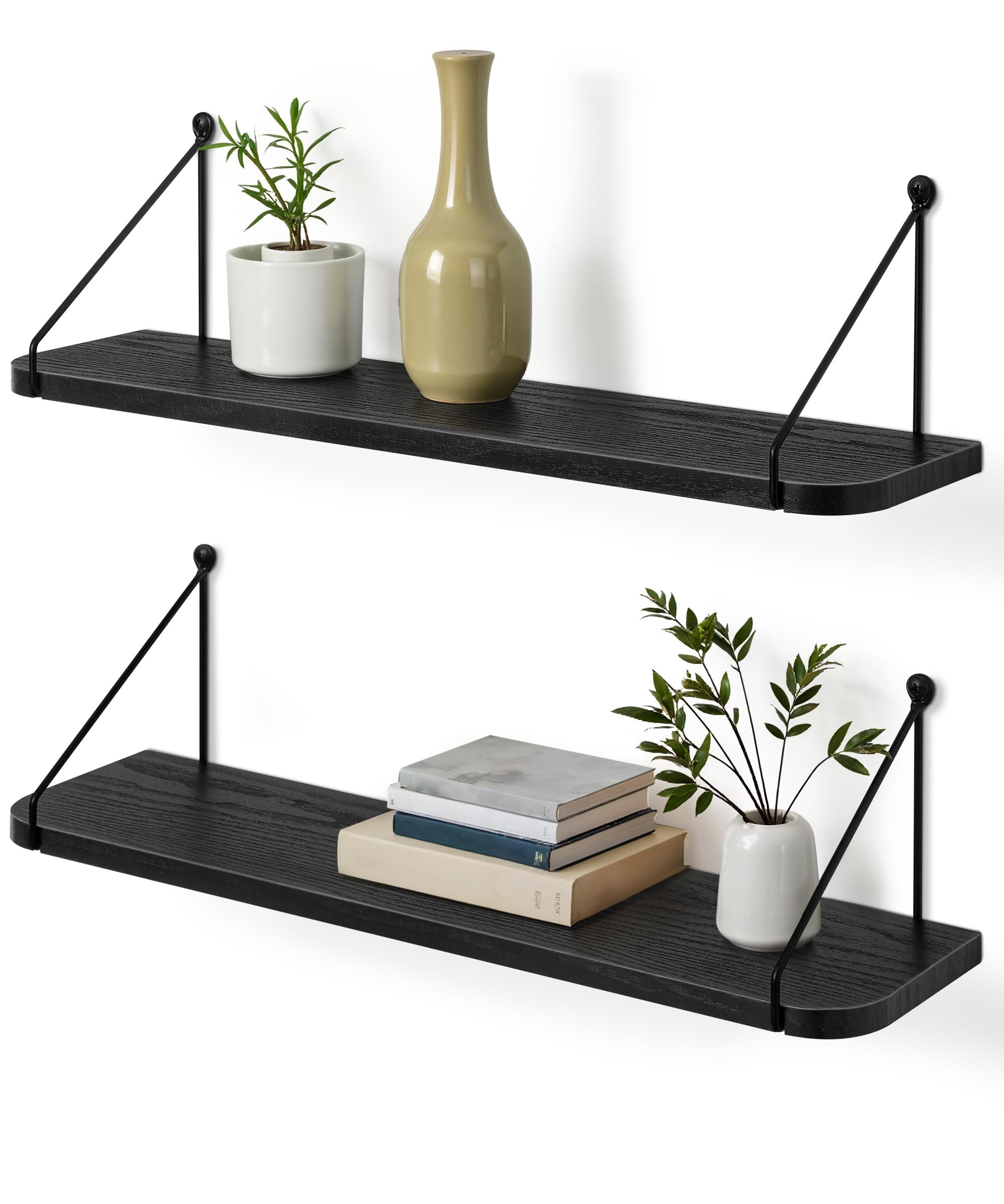 Afuly 24in Floating Shelves for Wall, Black Wooden Shelves with Triangular Brackets for Bathroom, Living Room, Bedroom, Kitchen, Home Wall Decor, Set