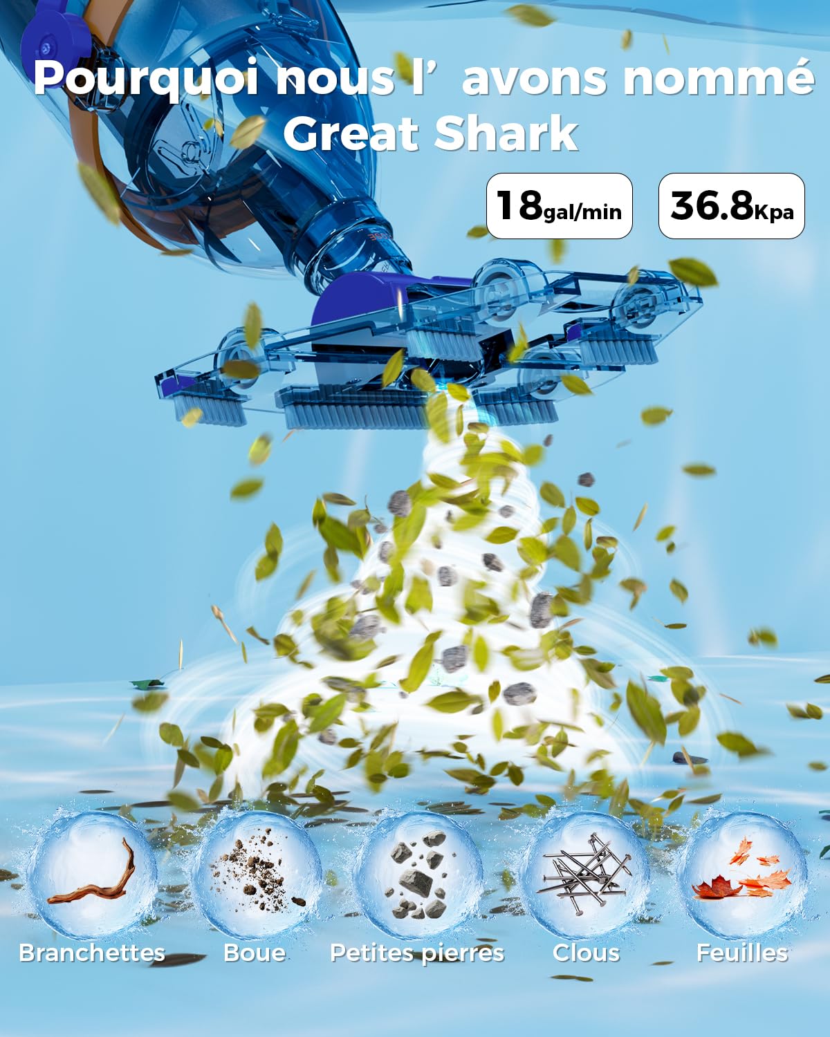 Great Shark Aspirateur Piscine sans Fil avec Interrupteur à Distance, Perche Télescopique 1,8 m, 75 Min d’Autonomie, Aspiration 18 GPM, Nettoyeur Piscine pour Piscines Hors Sol, Spa et Jacu (Bleu)