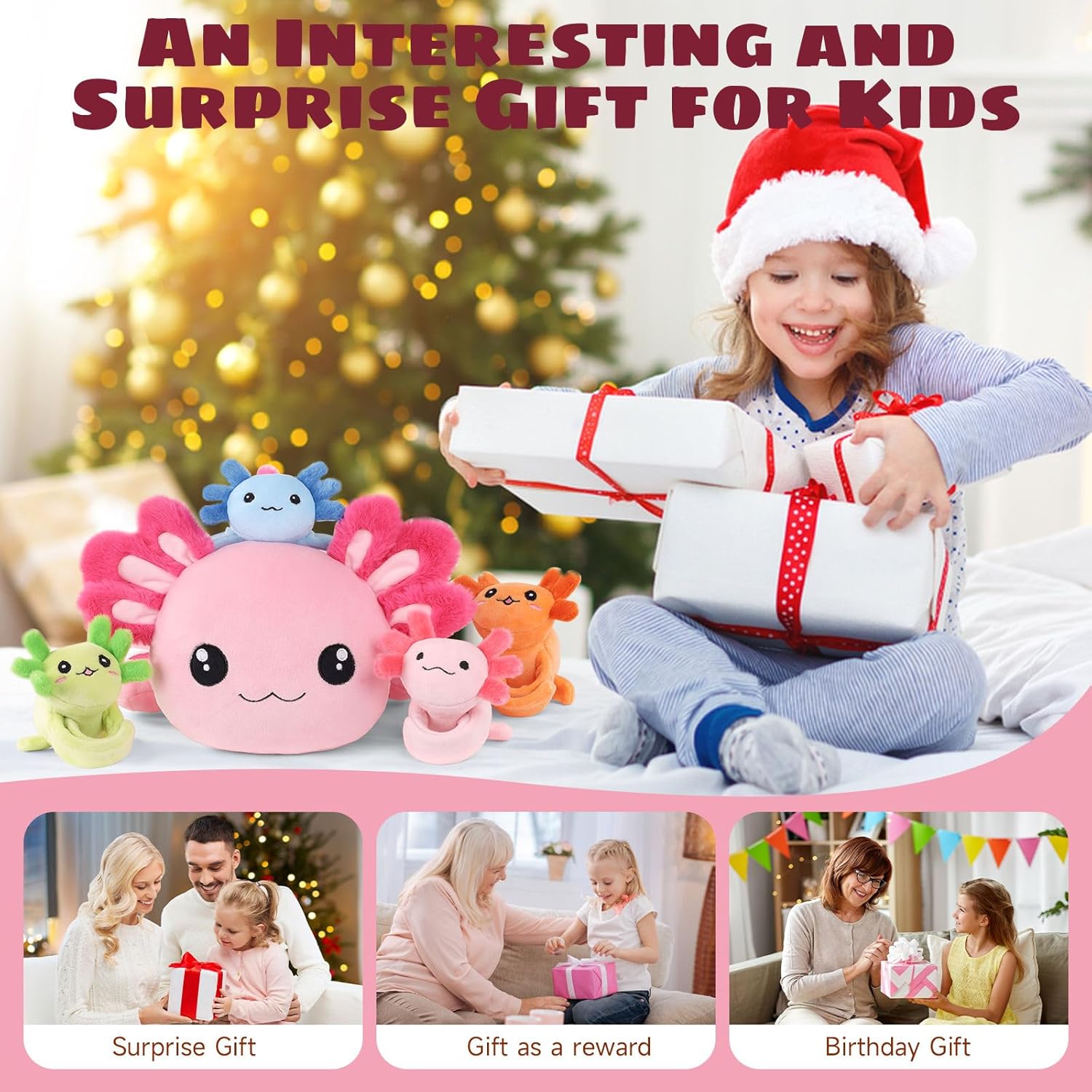 5 Pcs Axolotl Plush Toys for Girls Boys, 18.5" Mommy Axolotl Stuffed Animal with 4 Baby Axolotls Inside, Pink Stuffed Axolotl Salamander Plushies Pillow Toys Gift for Kids Christmas Birthday