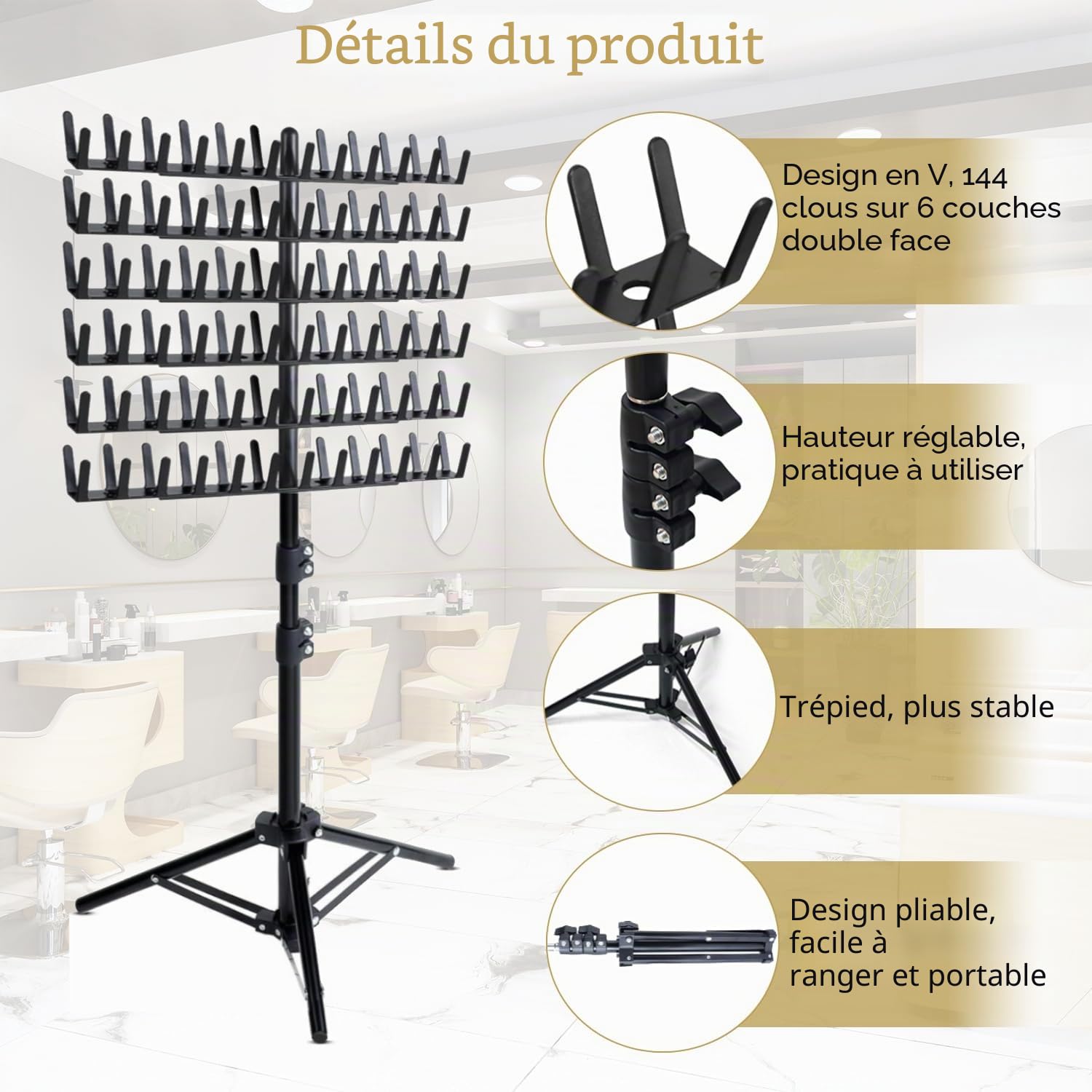 Funvalley Surperfect Support de tressage avec 144 piquets, support d'extension de cheveux réglable en hauteur, support double face pour perruque, séparateur de cheveux pour salon de coiffure, maison