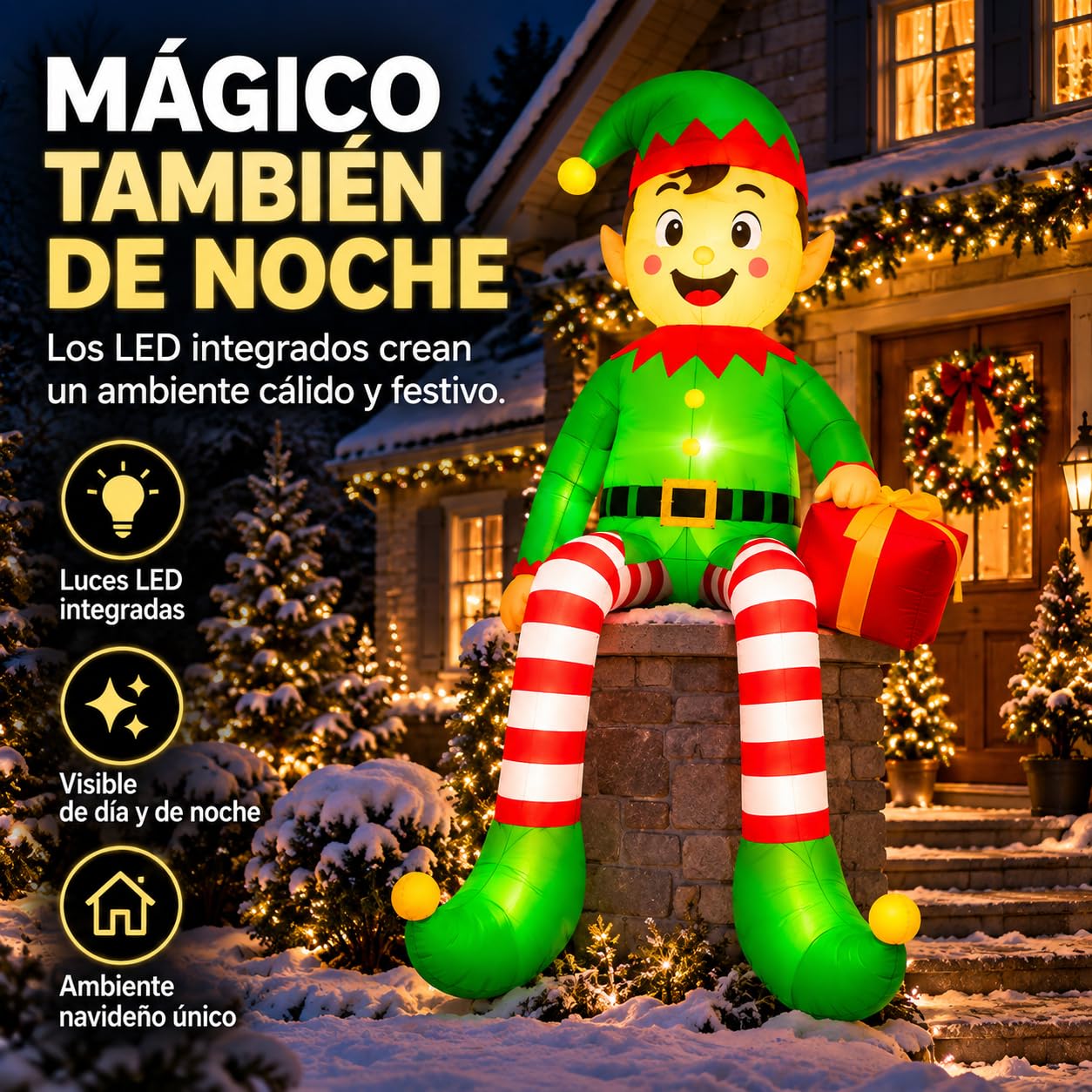 Elfo Gonfiabile Natale 245 cm con LED, Decorazione Esterno e Interno