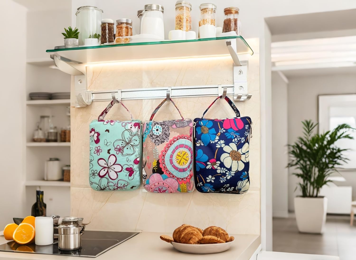 3 Pack Reusable Grocery Bags Foldable Washable Shopping Tote Bag with Top Zipper in Floral Pattern Heavy Duty Long Handles - Image 3