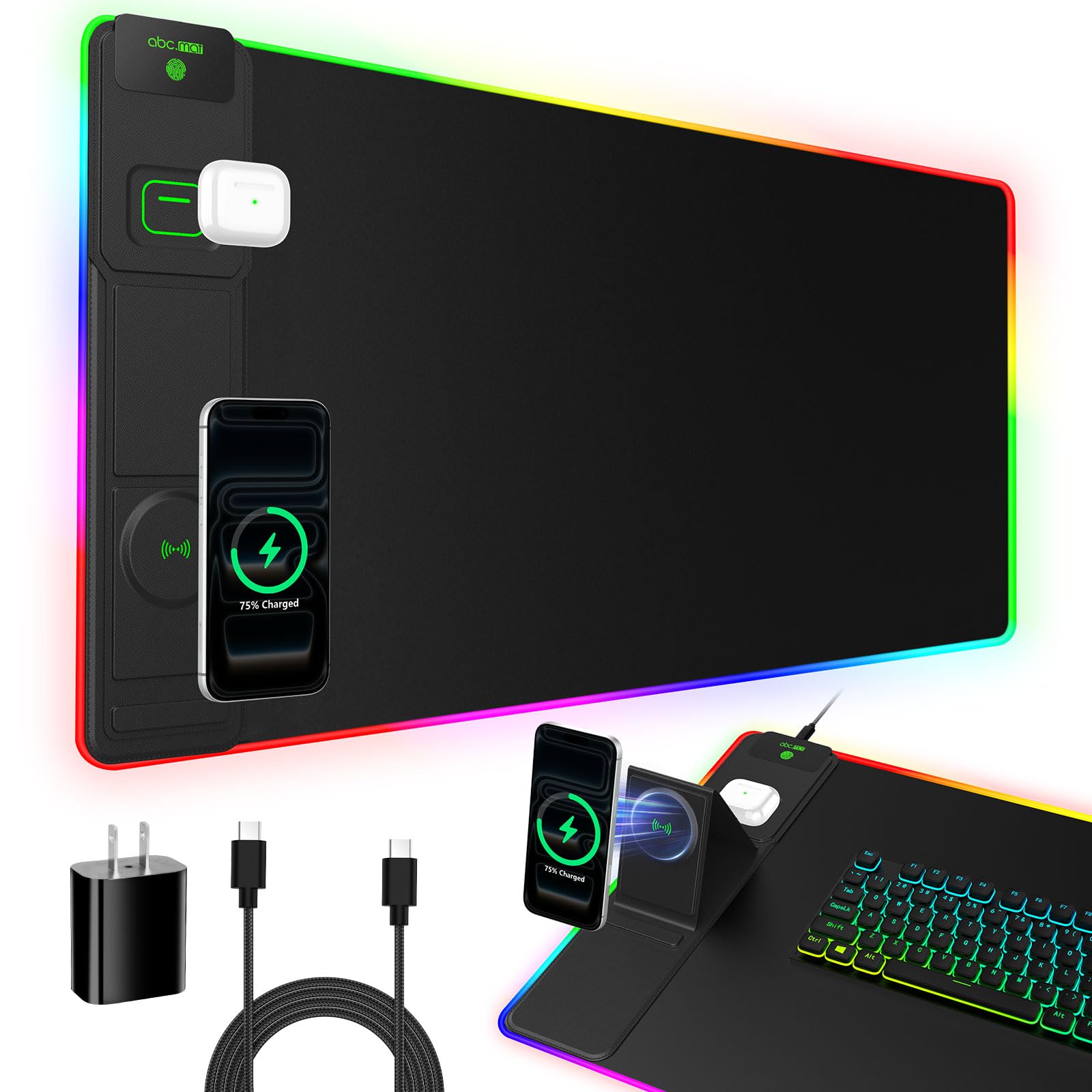 Tappetino per mouse da gioco XXL RGB LED con caricabatterie wireless magnetico e supporto pieghevole per telefono, 80 x 40 cm, tappetino da scrivania ultra liscio, 25 effetti di luce, base antiscivolo