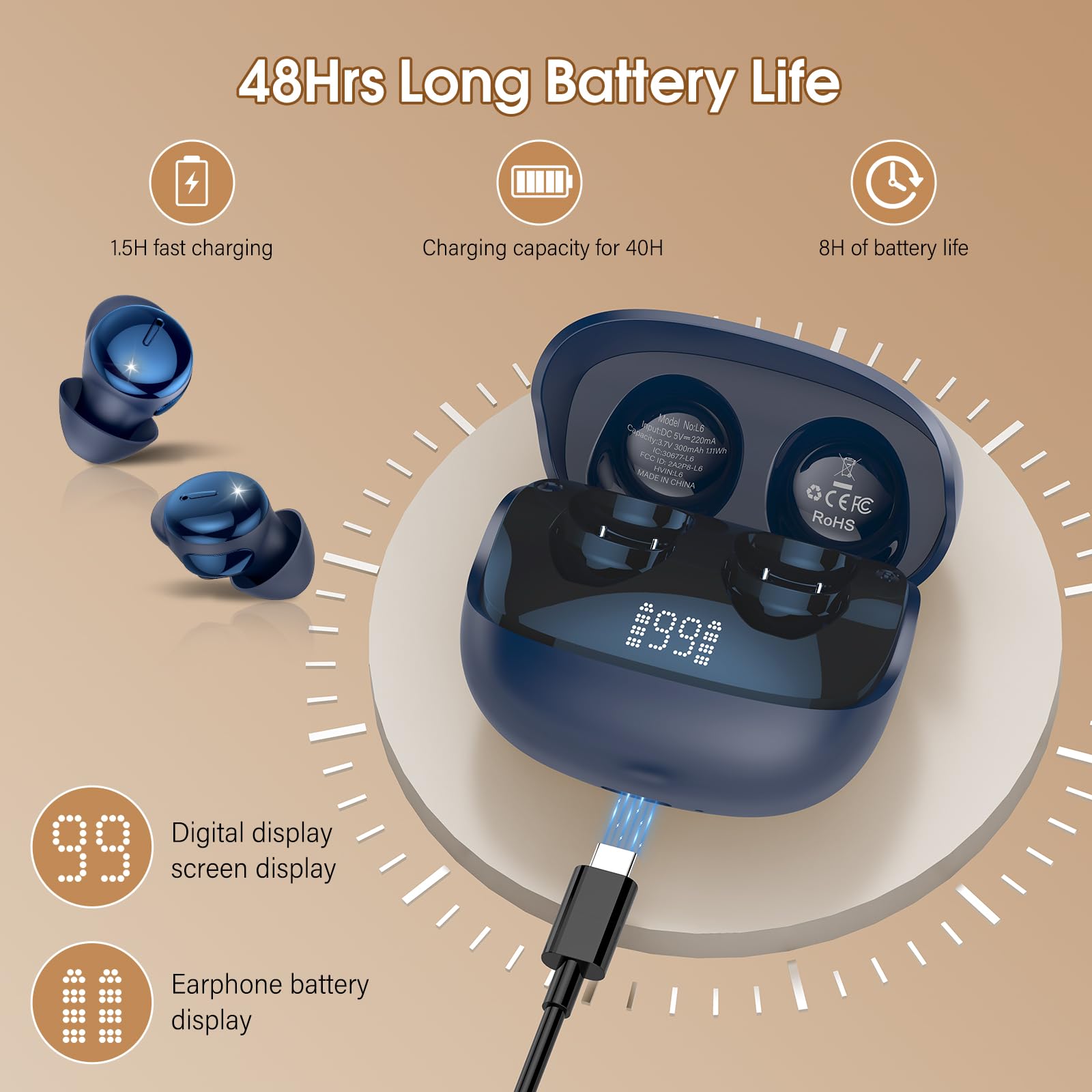 Auriculares Inalámbricos con Pantalla Táctil LED, Auriculares Bluetooth HiFi Estéreo, Mini Auriculare para Dormir Azul