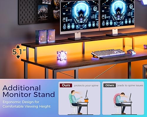 Miniatura 32 de ODK Escritorio para juegos en forma de L de 66 pulgadas con toma de corriente y luces LED, mesa de juegos de PC con textura de fibra de carbono,