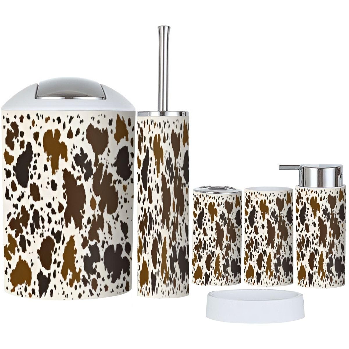 XNGJEMVWXO Bathroom Accessory Set 6 Piece Cow Leather Skin Brown Pattern Toothbrush Holder, Toothbrush Cup, Soap Dispenser, Soap Dish, Toilet Brush Holder, Trash can for Countertop Rustic Decor