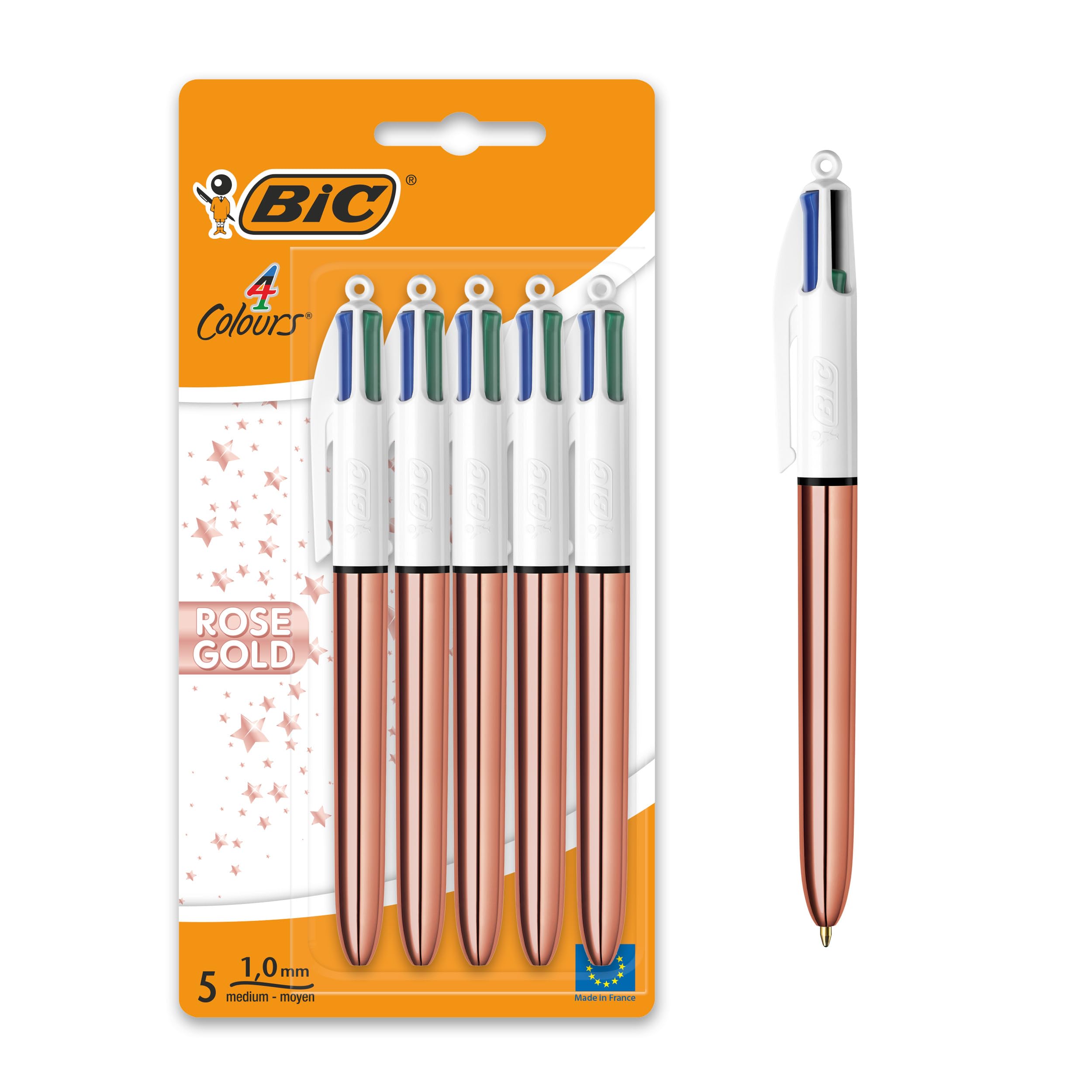 BIC 4 Colores Rose Gold Bolígrafo Retráctil con Tinta Azul, Roja, Negra y Verde, Punta Media (1,0 mm) - Pack de 5