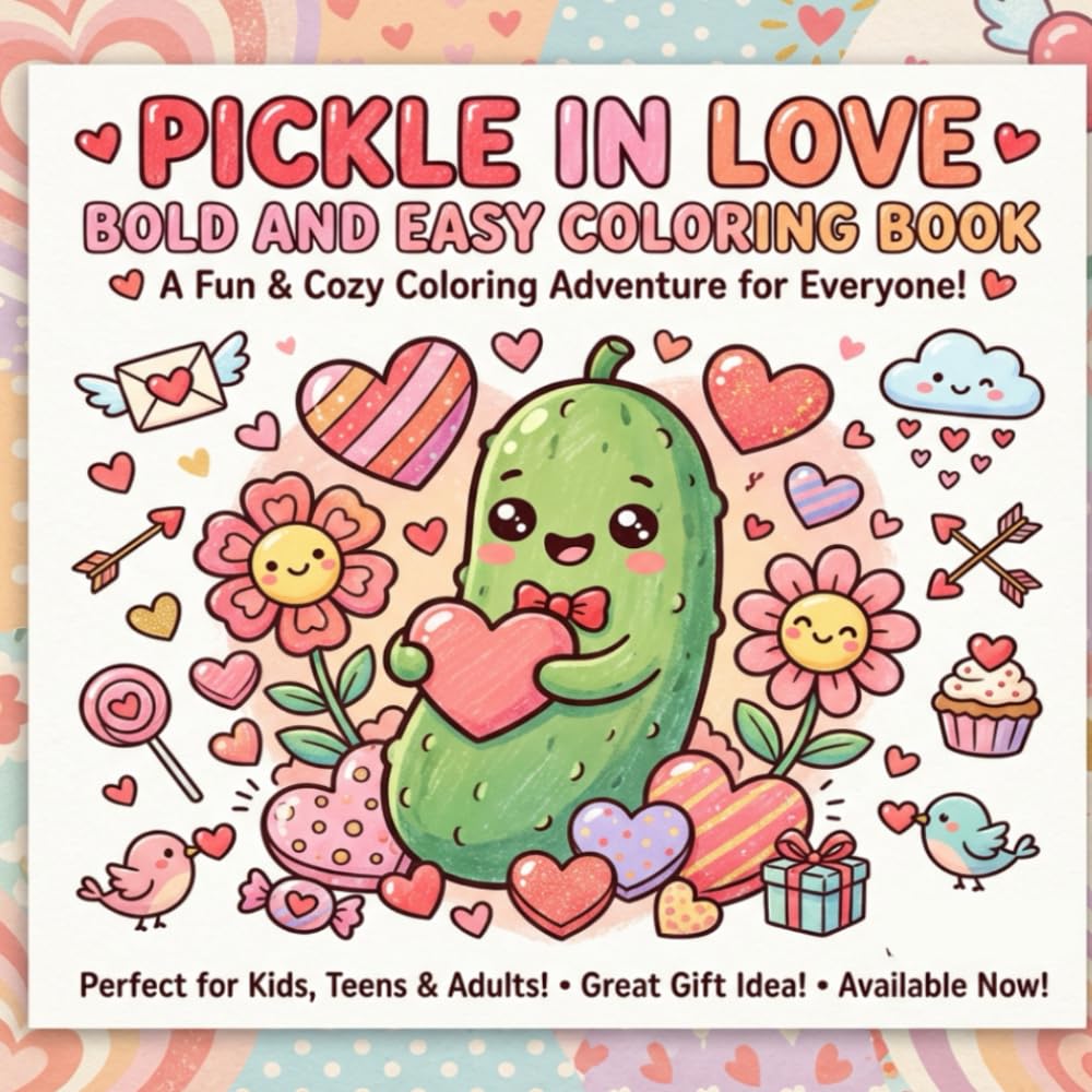 Pickle in Love – Bold and Easy Coloring Book: A Cute and Simple Coloring Book for Adults, Teens and Kids Featuring Adorable Pickles and Funny Vegetable Characters for Relaxation