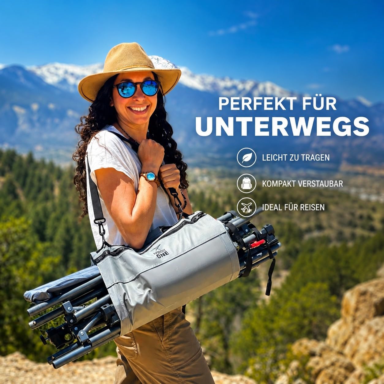 LET'S CAMP Hängematte mit Gestell, Mock ONE® freistehende Garten-Hängeliege mit UPF 50+ Sonnendach, 210T Fallschirmnylon, Stahlrahmen bis 113kg, klappbar & tragbar für Garten/Balkon/Terrasse/Camping