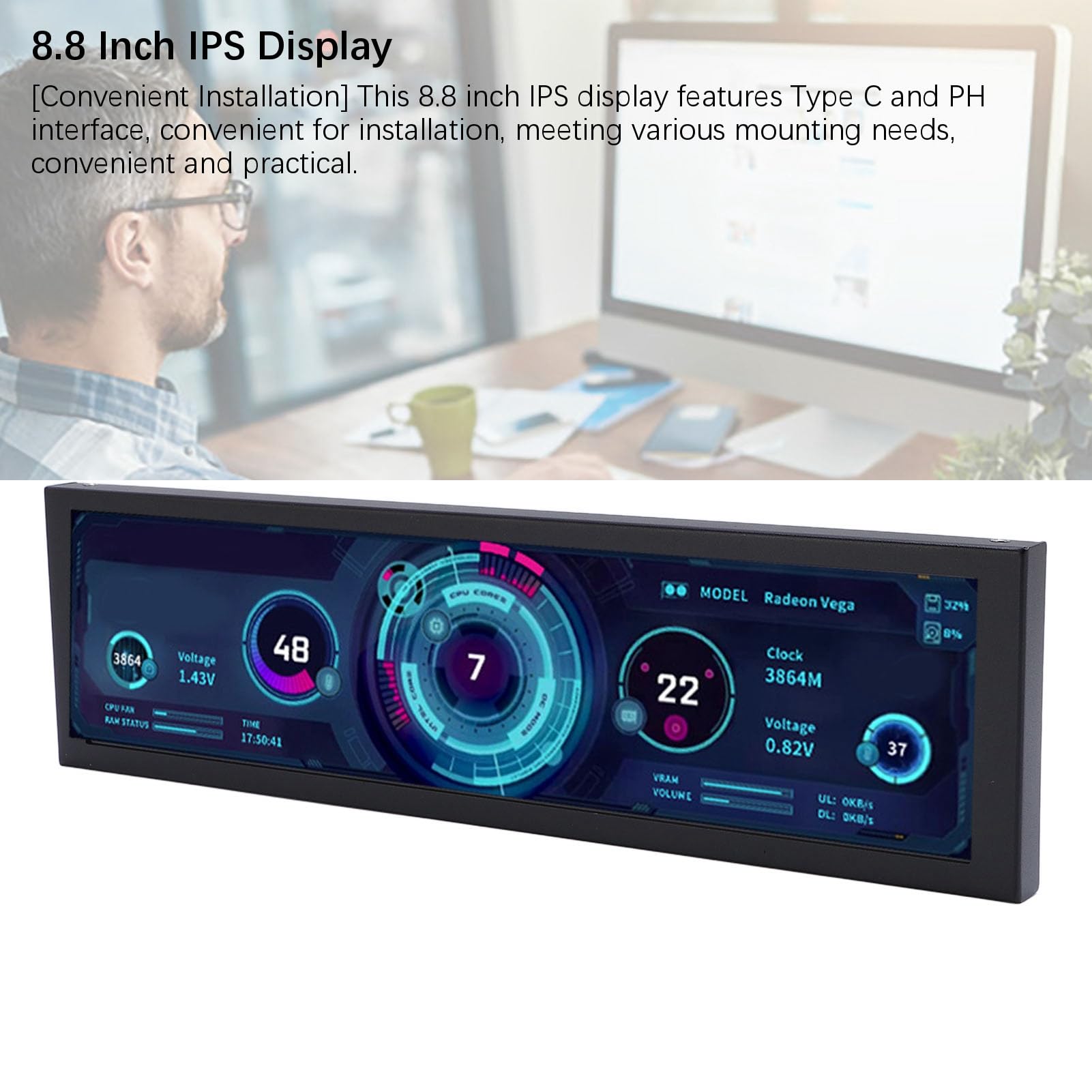 8.8 Cali Ekran IPS, 1920x480 PC Secondary Ekran z Interfejsem Typu C PH, Gniazdo Karty Pamięci, Obsługuje do 256g, Mały Przenośny Monitor