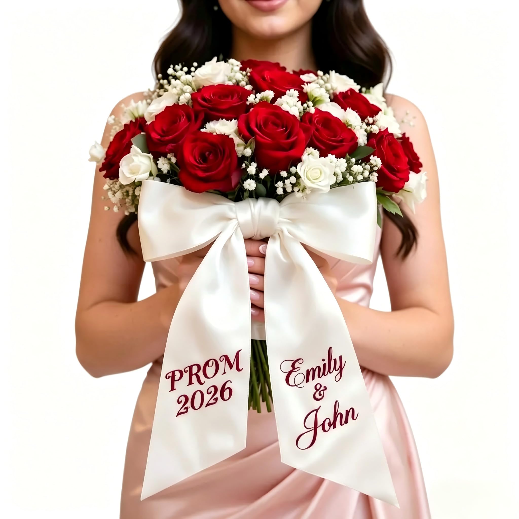 JIUHDHD Personalized Prom Bouquet Sash 2026 - Custom Satin Sash with Name and Year, White Monogram Flower Ribbon for Senior Night, Weddings, Recitals, Holidays and Keepsake(Bow,White)
