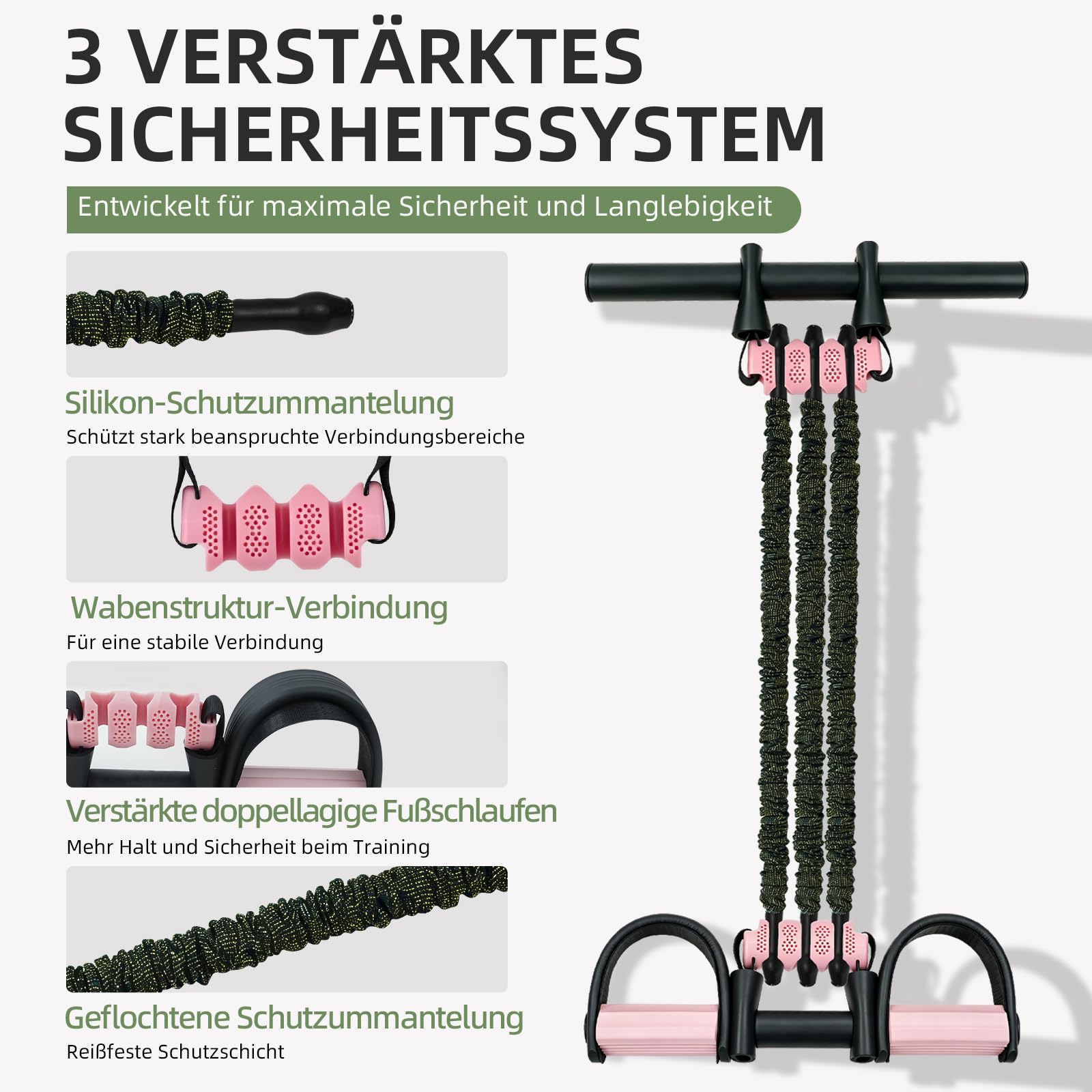 Pedal Widerstandsband mit Griff & Video-Guide | 20–60 kg einstellbar, 3 Bänder | für Bauch, Beine, Po & Reha-Training zuhause