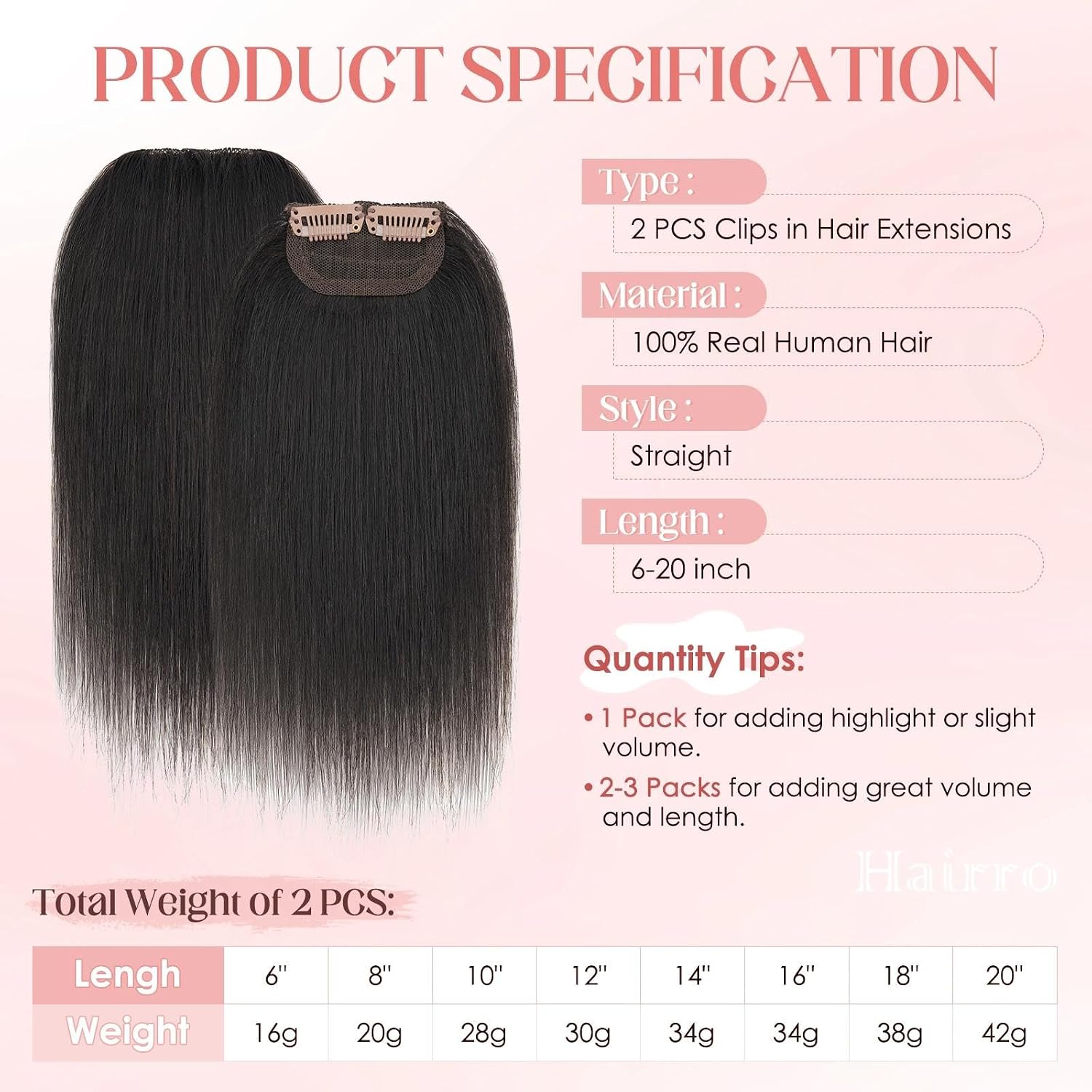 Hairro 2 Pieces Clips in Short Human Hair Extensions, Scalp Hair Fill Ins Invisible Short Straight, 100% Real Hairpieces for Women Add Volume, 6 Inch 16g #1B Natural Black