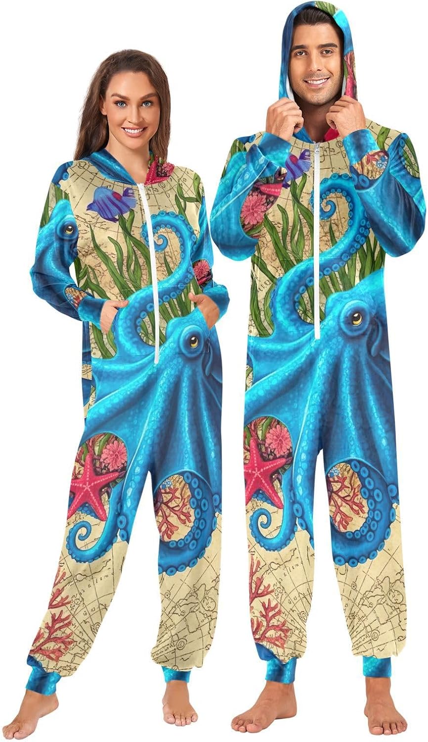 GAIREG Vintage Blue Octopus Adult Womens Onesie Pajamas, Funny Men Women House Wear