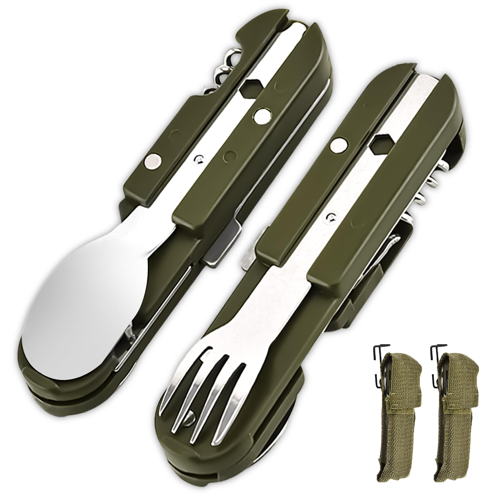 Posate da campeggio all'aperto di Woodilla - posate pieghevoli in acciaio inox e legno, coltello, forchetta, cucchiaio, apribottiglie, set di posate da 4 pezzi