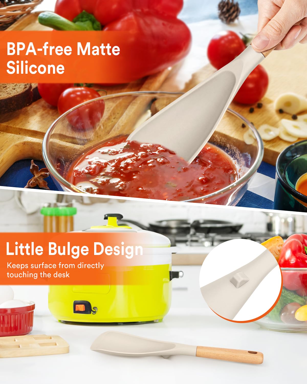 Cuchara de cocina para utensilios de cocina antiadherentes, ideal para cocinar y servir silicona mate resistente sin BPA, cuchara con mango de madera para mezclar, recoger y raspar (paquete de 2 de