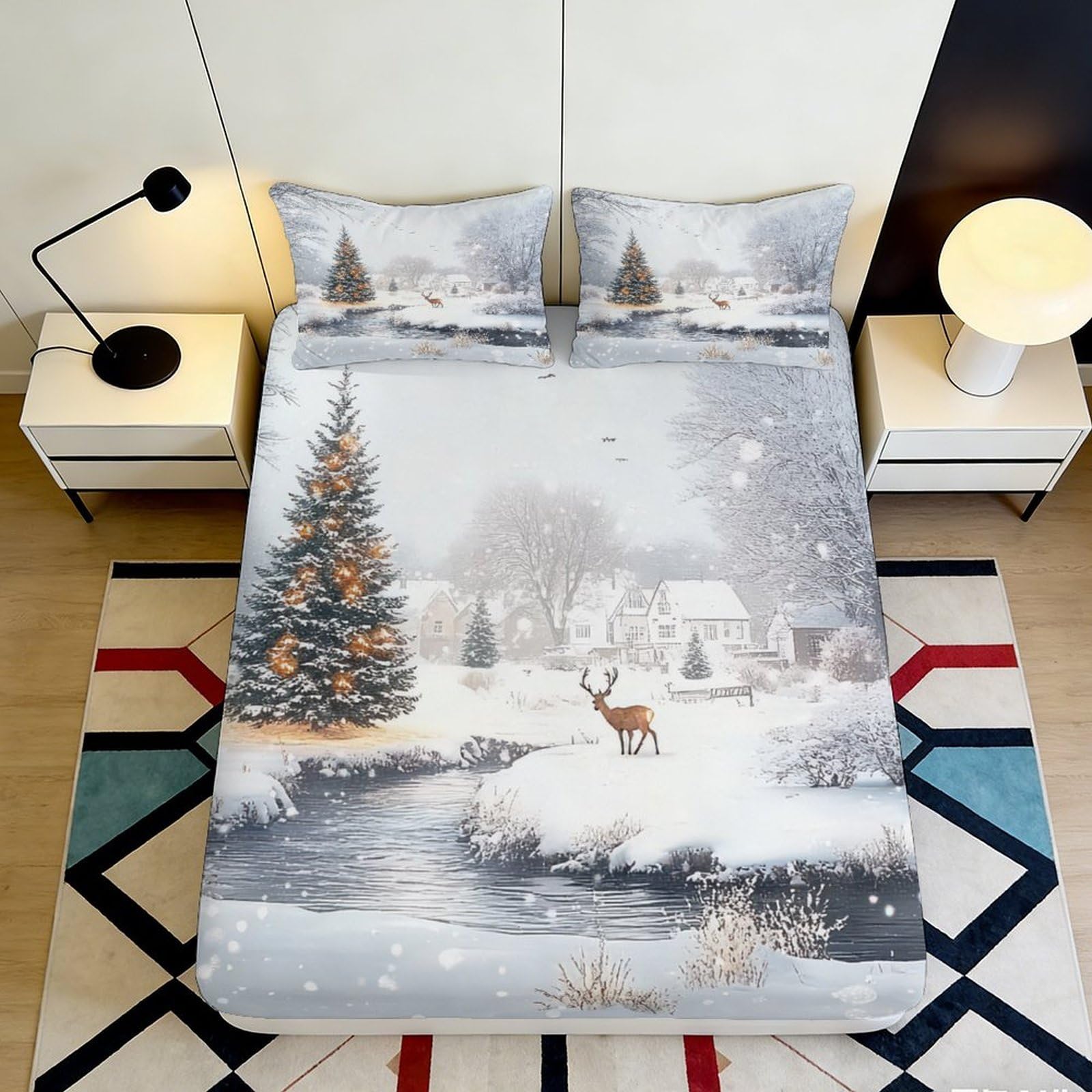 3D Printed Snowy Winter Scene Fitted Sheet Microfiber Soft Christmas Deer Mattress Cover for Bedroom Guest Room Home Decor 90x200x25cm