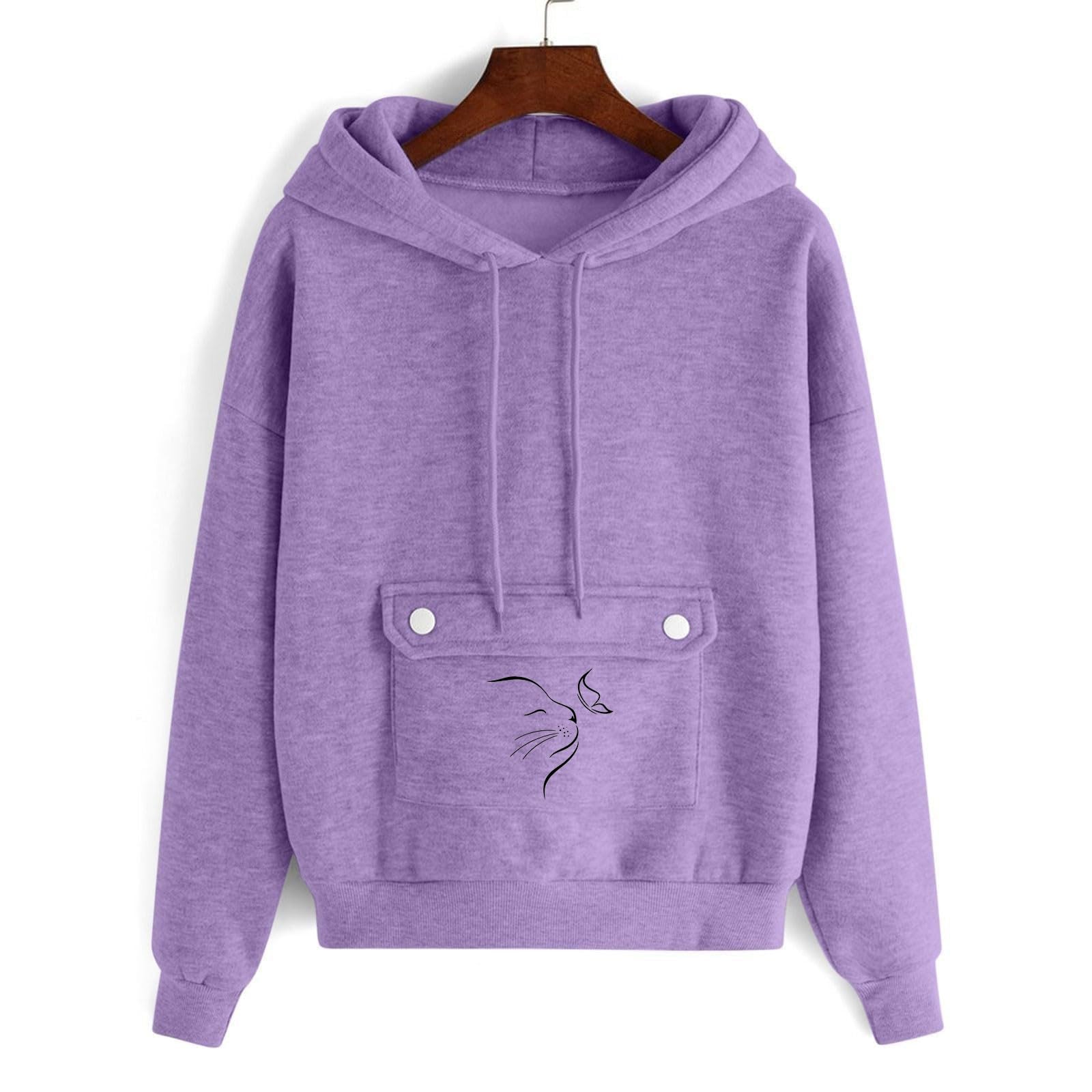 Katzen-Kapuzenpullover für Damen, langärmelig, mit Kapuze, Sweatshirt, mit Kapuze, Hundebeutel, Fleece-gefüttert, Haustier, Tier-Grafik, Winter, Herbst, Buchstaben, Hinterhölzer, Kapuzenpullover