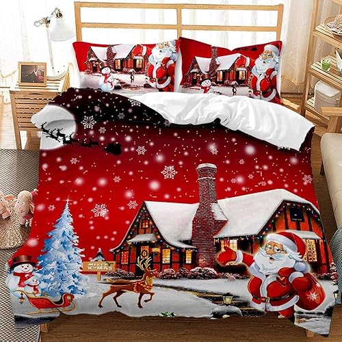 Juego de ropa de cama de 3 piezas de ropa de cama de Navidad tamaño matrimonial, color rojo, Papá Noel, muñeco de nieve, juego de ropa de cama de