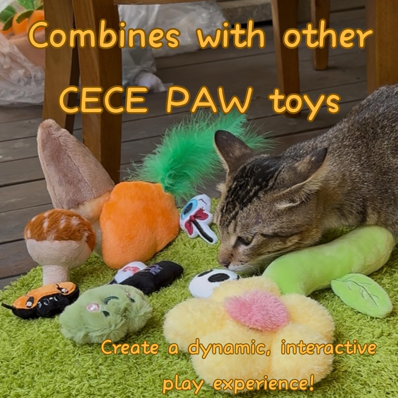 CECE PAW 4-pak zabawek z kocimiętką i piórami, kocimiętka, zabawka do kopania kota z kieszeniami na smakołyki i 6 woreczkami z kocimiętką