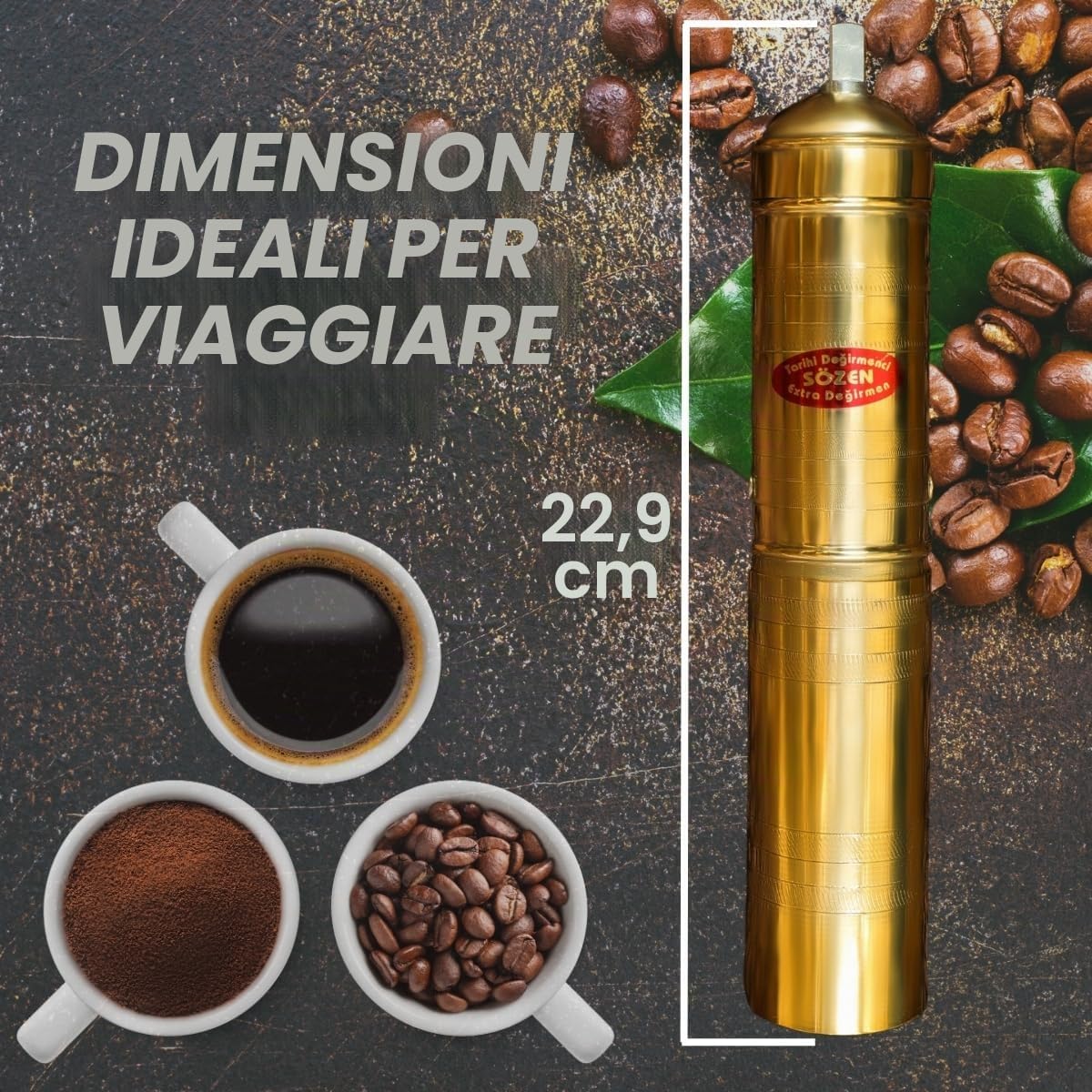 Sozen - Macinacaffè manuale da 22,9 cm, in ottone, con manovella, per caffè turco, francese, espresso, campeggio e uso domestico, macinino portatile per chicchi di caffè, macinino conico regolabile