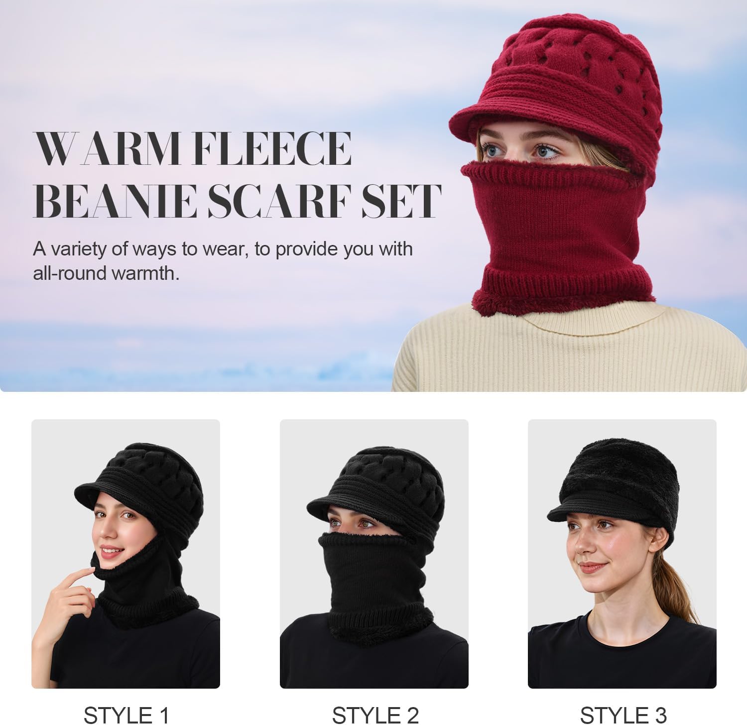 Womens Winter Beanie Hats, Winter Scarf Mask Set for Women One Piece Slouchy Beanie Hats with Visor Brim Fleece Lined - Image 2