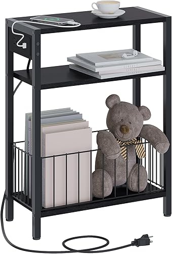 Miniatura 9 de Mesa auxiliar estrecha con estación de carga, mesa auxiliar pequeña para espacios pequeños, mesita de noche delgada con cesta de almacenamiento,