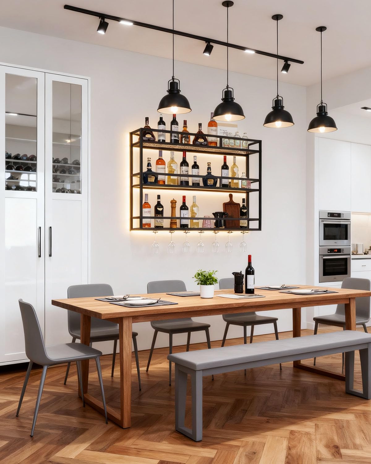 Botellero de Pared LED Moderno de 100 cm con Soporte para Botellas y Copas, Estante Metal de Botellas de 3 Niveles, Soporte para Botellas de Vino para Hogar, Bar Comercial, Cocina