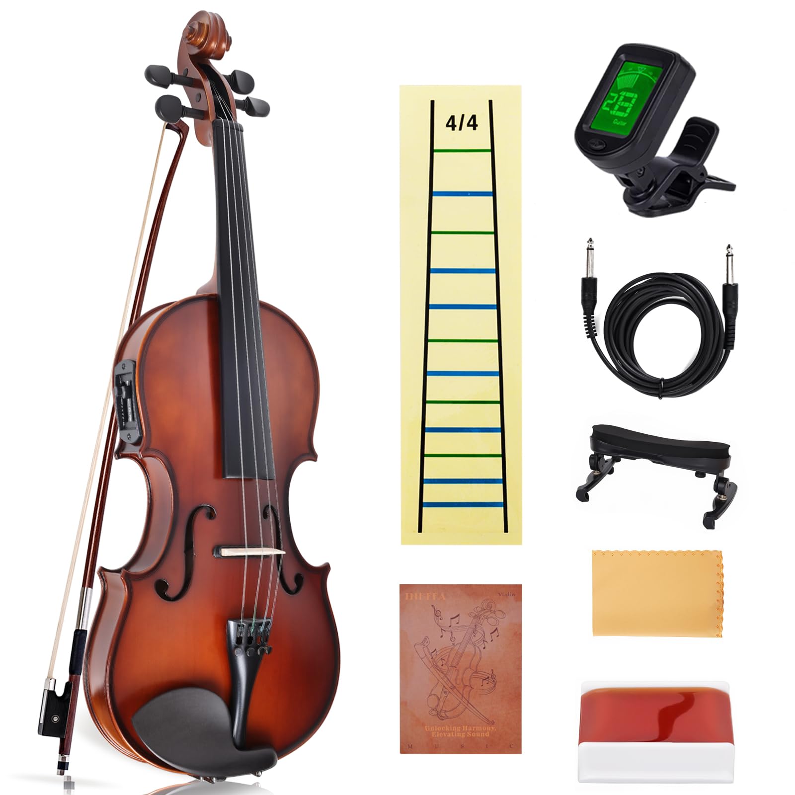 Electric/Acoustic Violin with Ebony Accessories - Perfect for Stage &amp; Practice with Carrying Case, Violin Bow, Bridge, Shoulder Rest, Stickers, Tuner, Instruction, Handcraft with Maple, Spruce