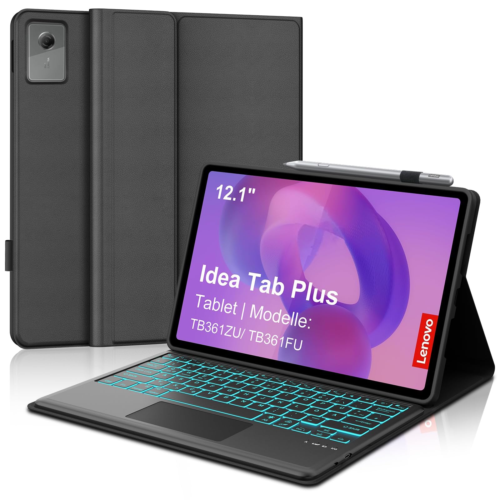 Für Idea Tab Plus 12.1" Hülle mit Touchpad & Beleuchtung QWERTZ | Mit 7-Farben Beleuchtung & Touchpad - Premium für Produktivität, Für Lenovo Idea Tab Plus Tablet 12.1 Tastatur Schwarz