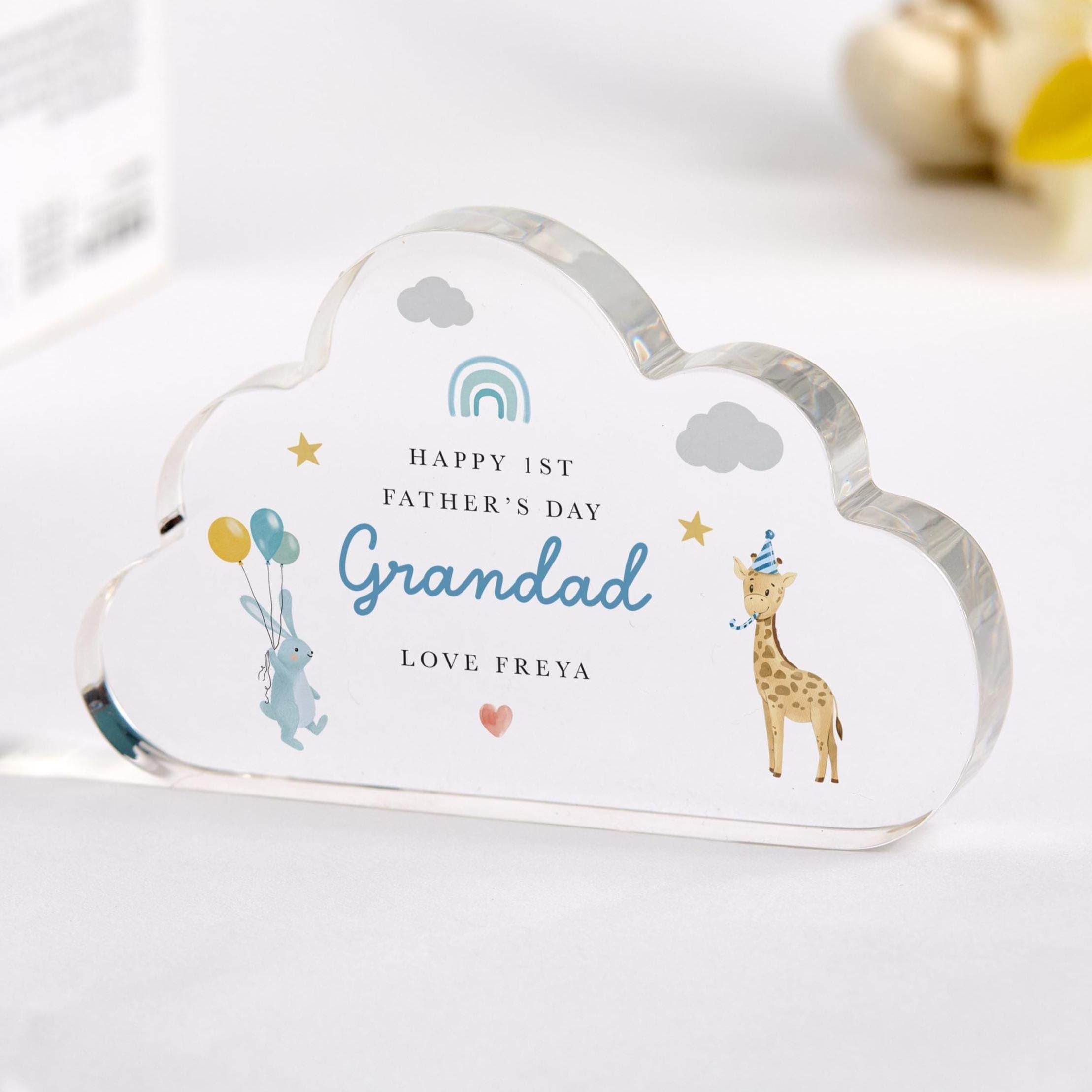 Pomchick | Personalised Cute First Father's Day Gift for Grandad Cloud Acrylic Plaque Keepsake with Name Animal Design from Baby Bump Boy Girl