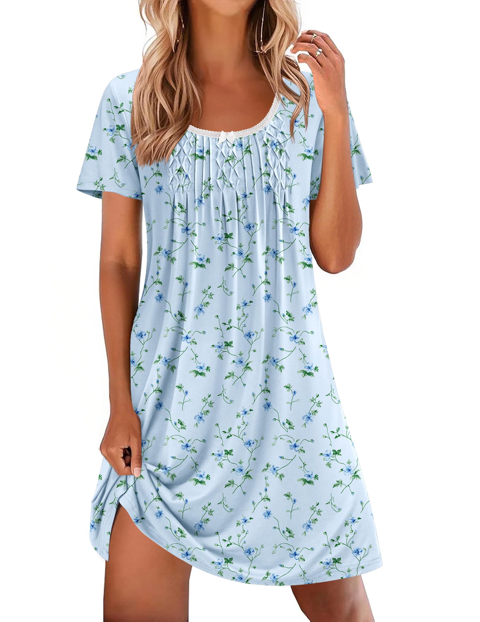Ekouaer Nightgowns for Women Pleated Sleep Shirts Short Sleeve Night Shirts Lace Trim Night Gown Ladies Sleep Dress