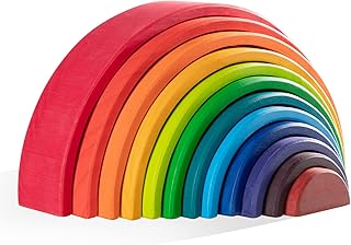 MERRYHEART Wooden Rainbow Stacking Toy - 12 Piece Wooden Rainbow Stacker, Extra Large Wooden Stacking Rainbow, Nesting Puzzle Building Blocks Educational Toys for Kids Toddlers (Rainbow Stacker)