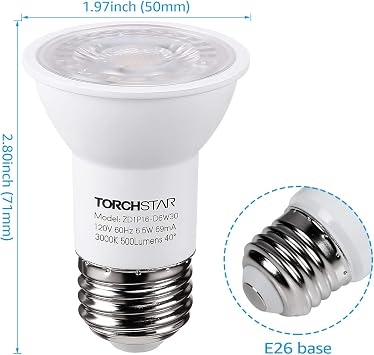 TORCHSTAR 6-Pack PAR16 LED Bulb, UL Listed, Dimmable, 3000K | 500LM 50W Equivalent, 40 Beam Angle Spot Light, E26 Medium Base Track Light Bulbs, Warm White Track Spotlight, Damp Rated