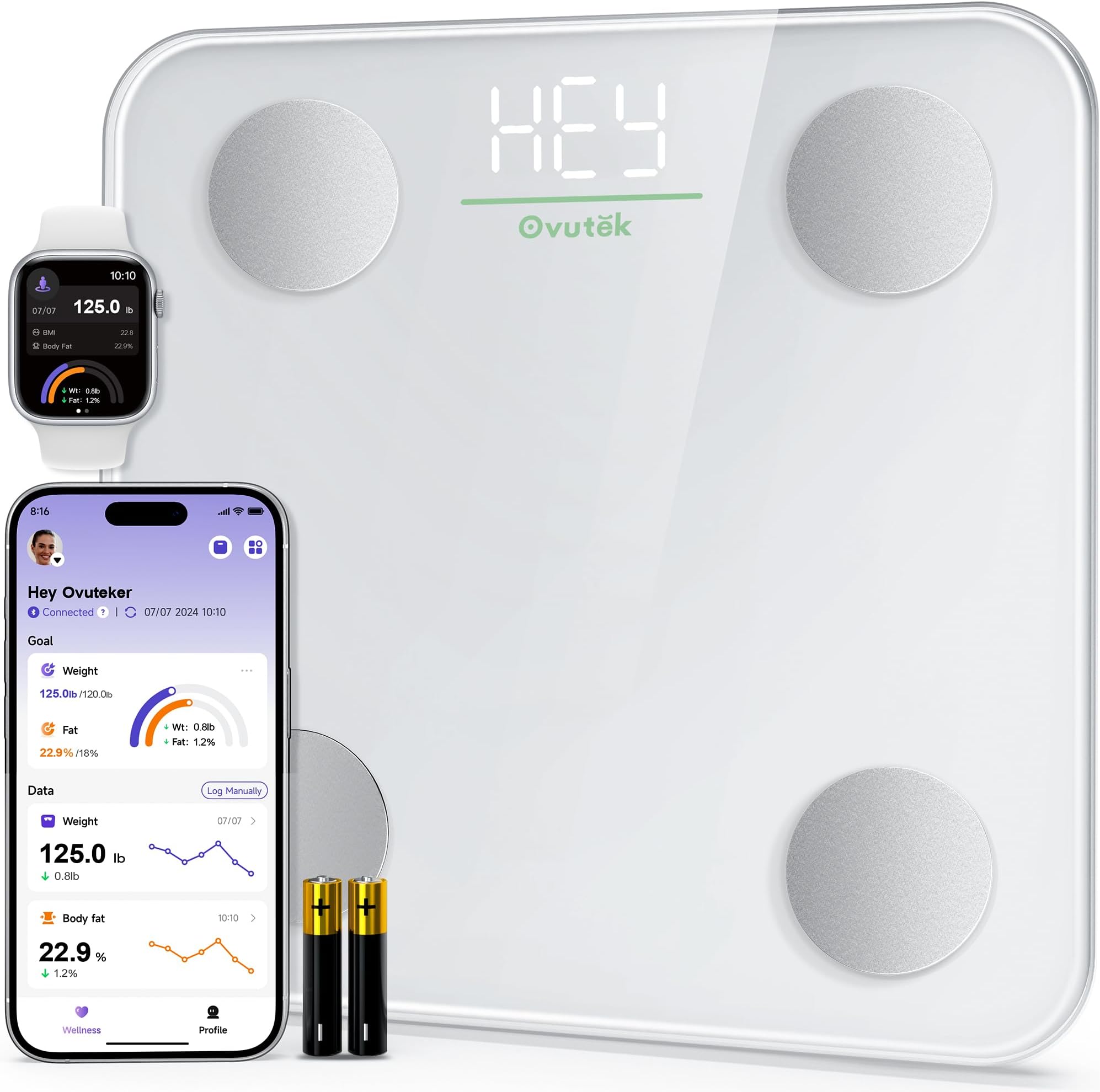 Ovutek Smart Scale for Body Weight, Digital Bathroom Scale BMI Weighing Body Fat Scale, Accurate Body Composition Scale Monitor for People's Health with Smartphone App, Compact Size, 400lb (White)