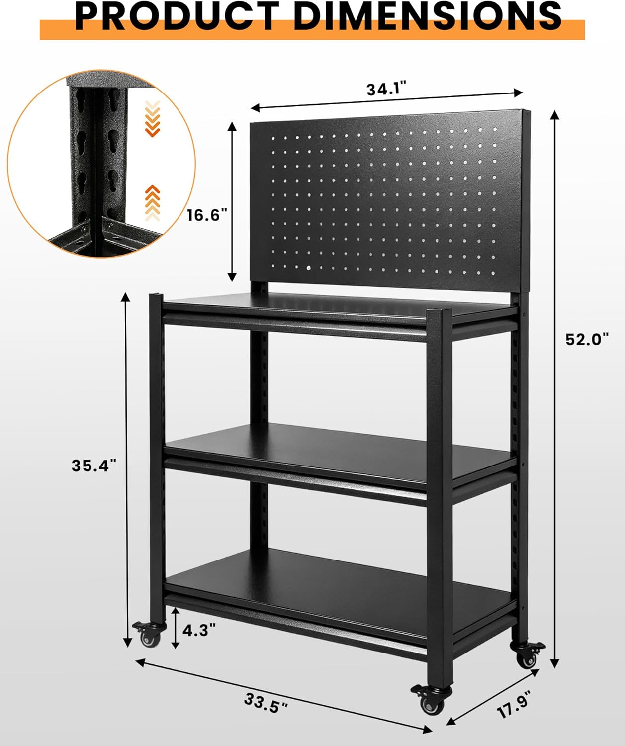 Pterying 52" H x 34" W x 18" D Rolling Work Table, Adjustable Height Workbench with Lockable Wheels, Pegboard, Heavy Duty Mobile Work Bench for Garage, Tool Workshop, Woodworking and Mechanics