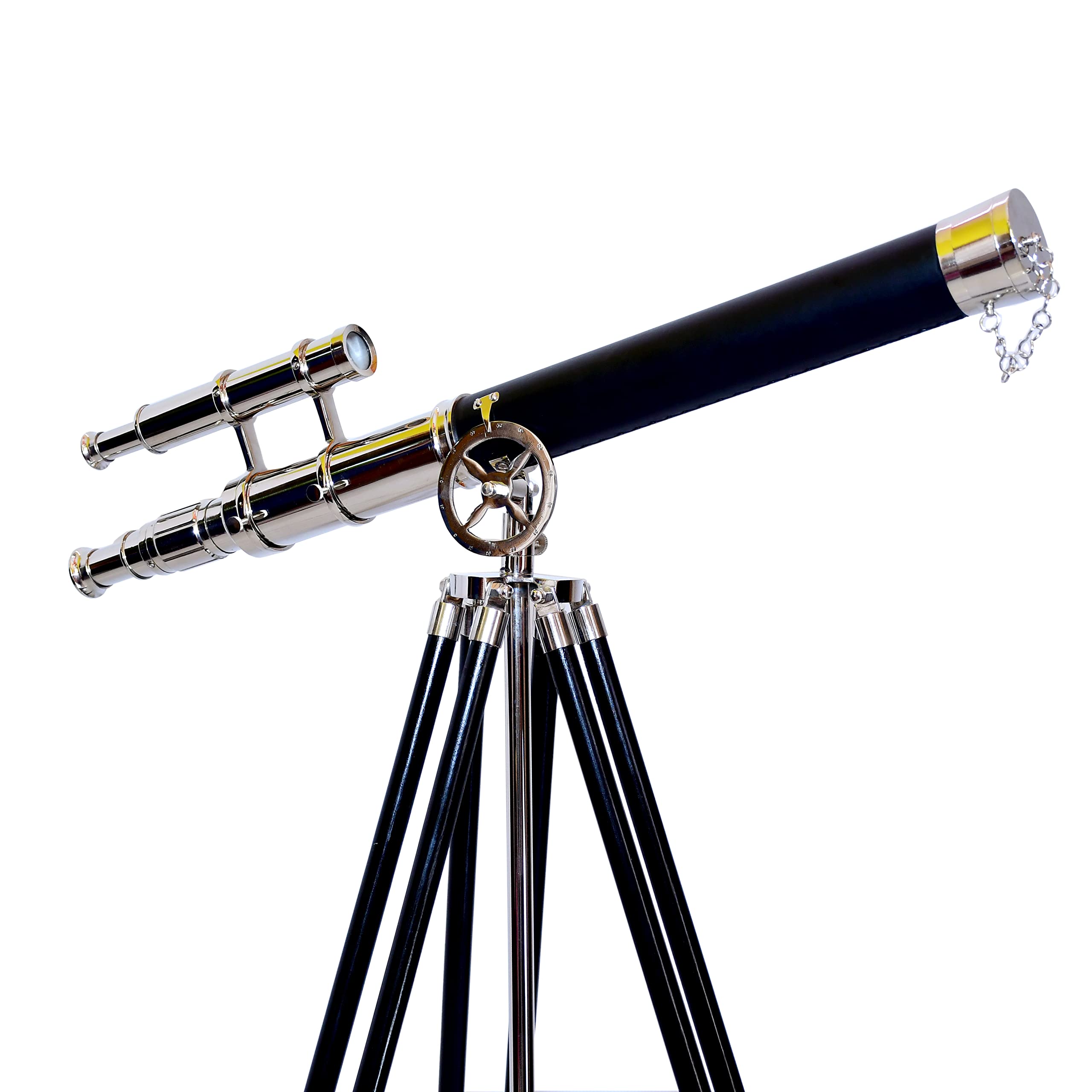 Nautical Brass Nickel Double Barrel Telescope with Black Wooden Tripod Brass Floor Standing Telescope - NAVIROCK