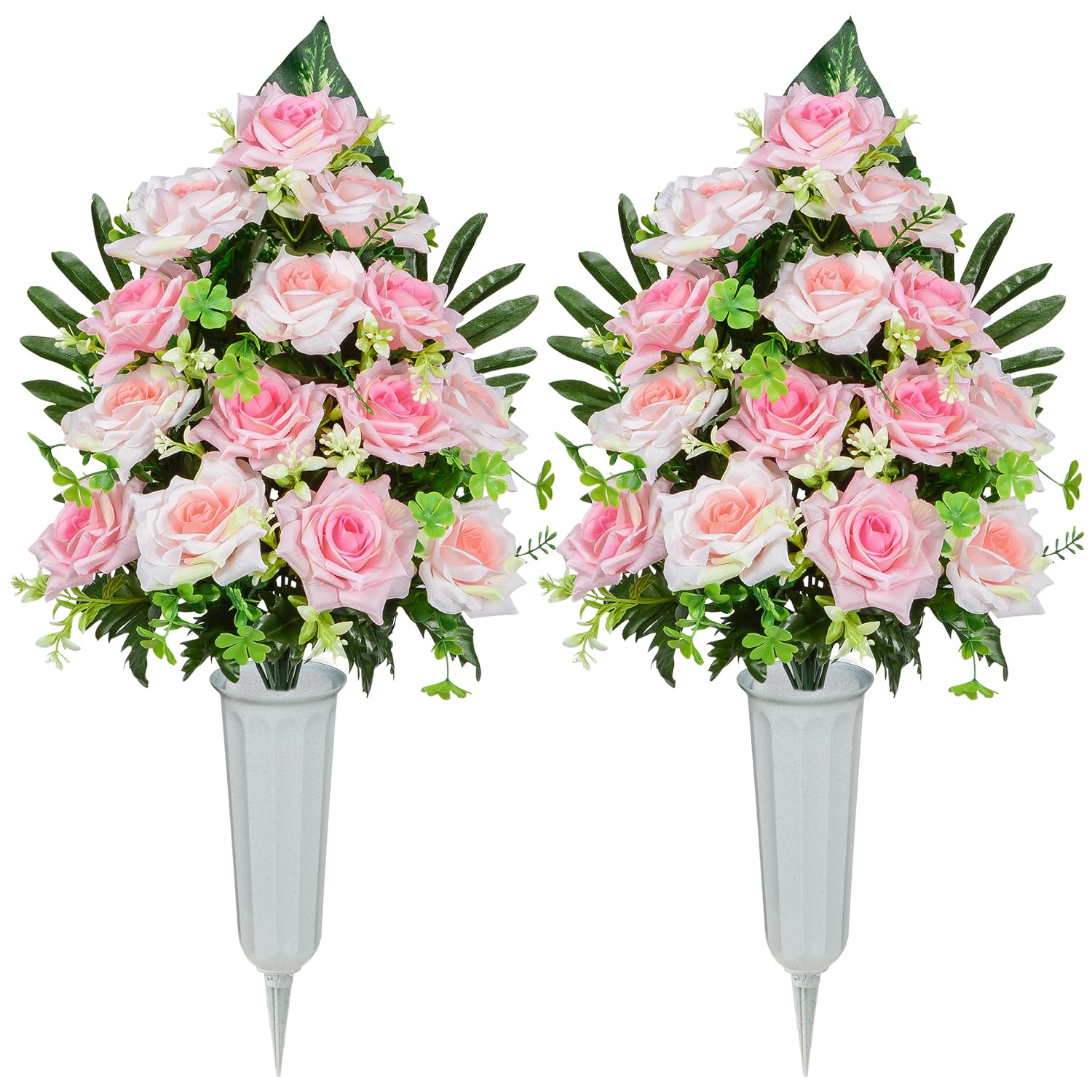 XONOR Artificial Cemetery Flowers, Memorial Rose Flowers Grave Decoration Flower Bouquets with Vase for Cemetery Graveyard Headstones Decor, Set of 2 (Pink)