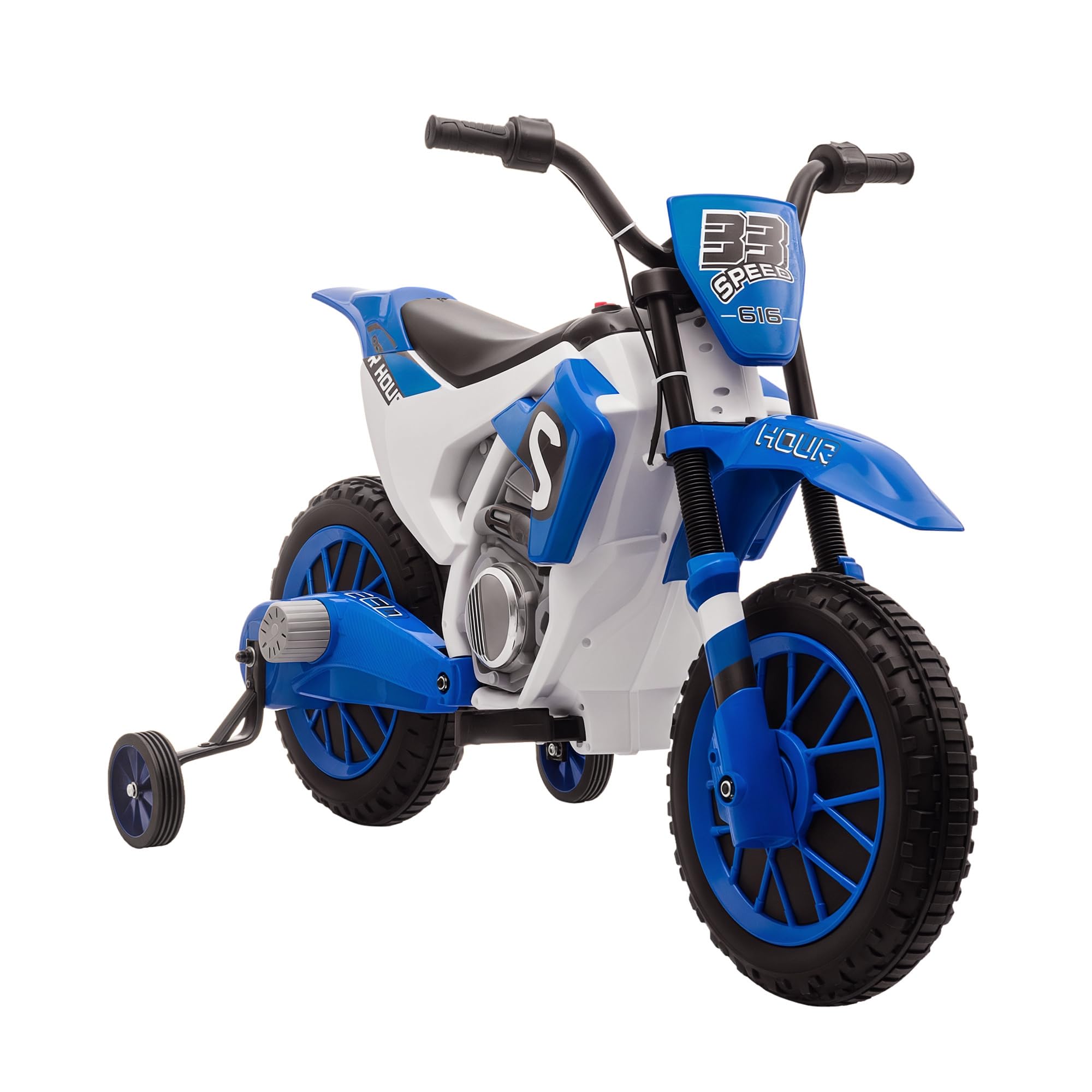 HOMCOM Moto Cross électrique Enfant 3 à 5 Ans 12 V 3-​8 Km/​h avec roulettes latérales Amovibles dim. 106,​5L x 51,​5l x 68H cm Bleu