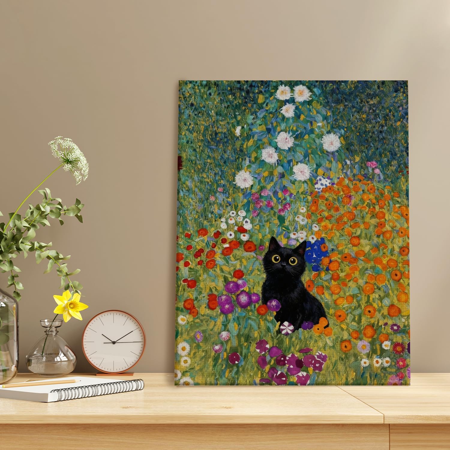 FWSFD Wildflower Black Cat Wall Art Decor Framed, Black Cat Gifts for Women, Cottagecore Colorful Floral Kitty Kitten Canvas Prints Artwork for Home Bedroom Living Room, 12x16 Inches