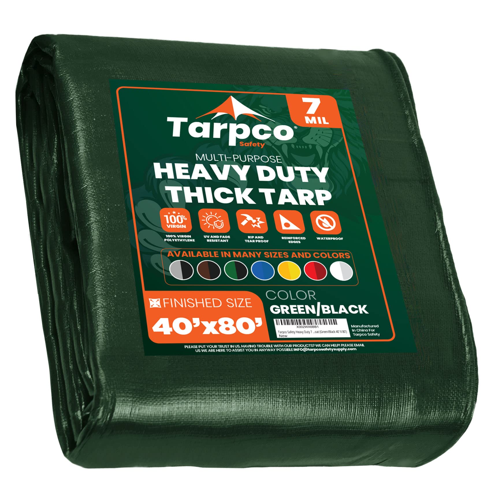 Heavy Duty 7 Mil Tarp Cover, Waterproof, UV Resistant, Rip and Tear Proof, Poly Tarpaulin with Reinforced Edges for Roof, Camping, Patio, Pool Cover, Boat (Green/Black 40′ X 80′)