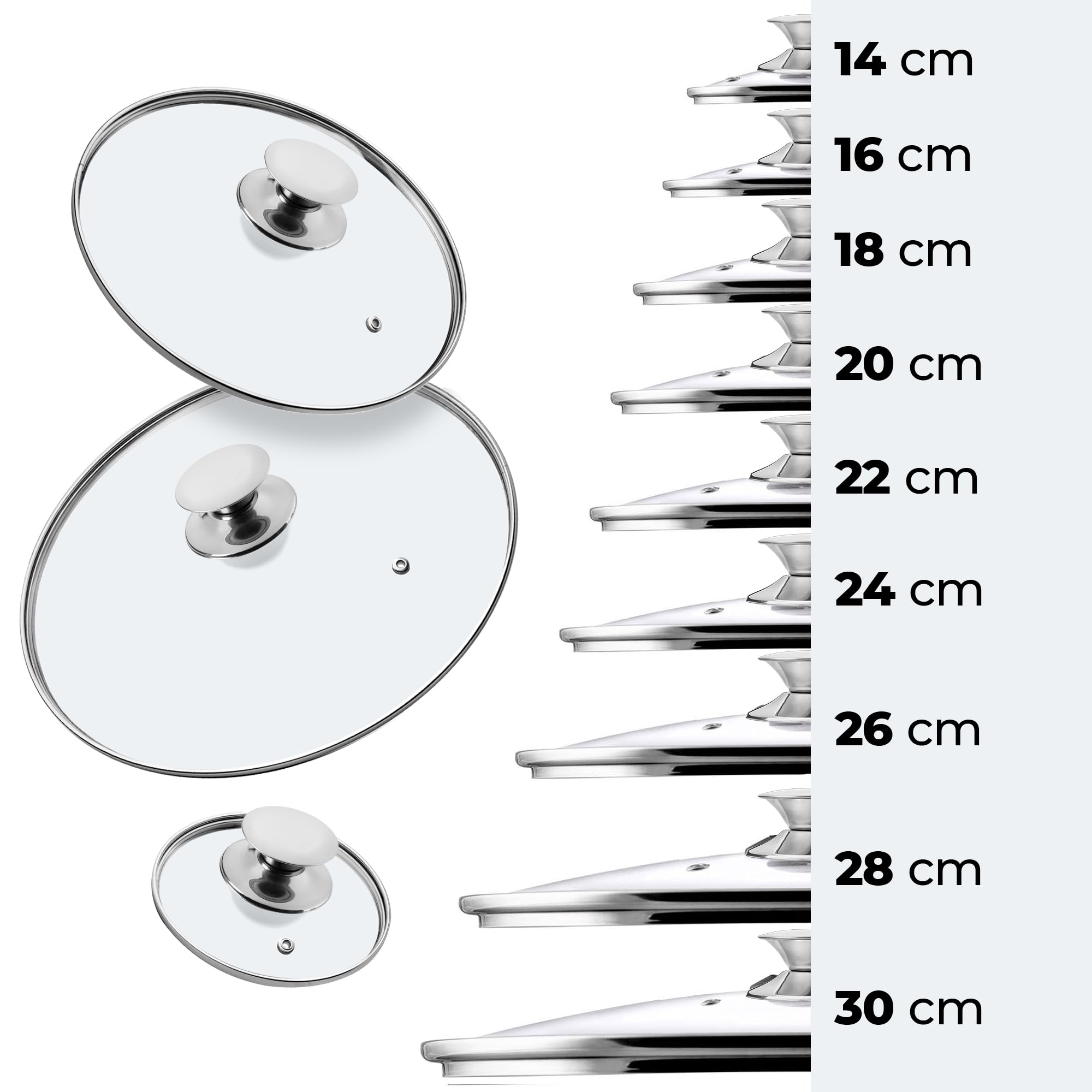 KADAX Set di coperchi universali in vetro con maniglia, set di coperchi resistenti al calore in diverse misure, coperchio in vetro per pentola, padella (20 + 24 + 28 cm, manico argento) (K8380)
