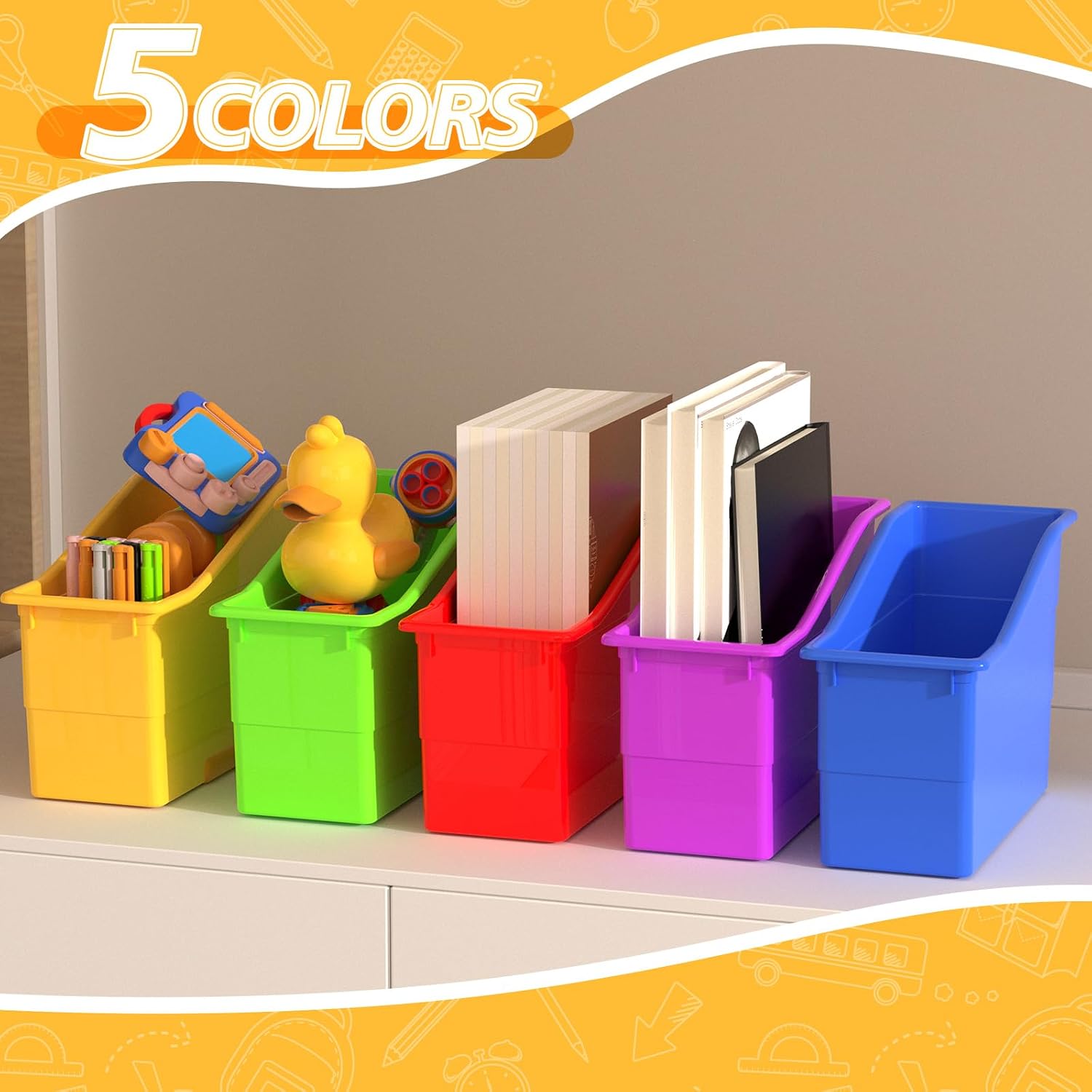 5 Pcs Classroom Book Bins, Assorted Color Book Storage Boxes Books Containers and Organization for Office School Home Use (5) image 2